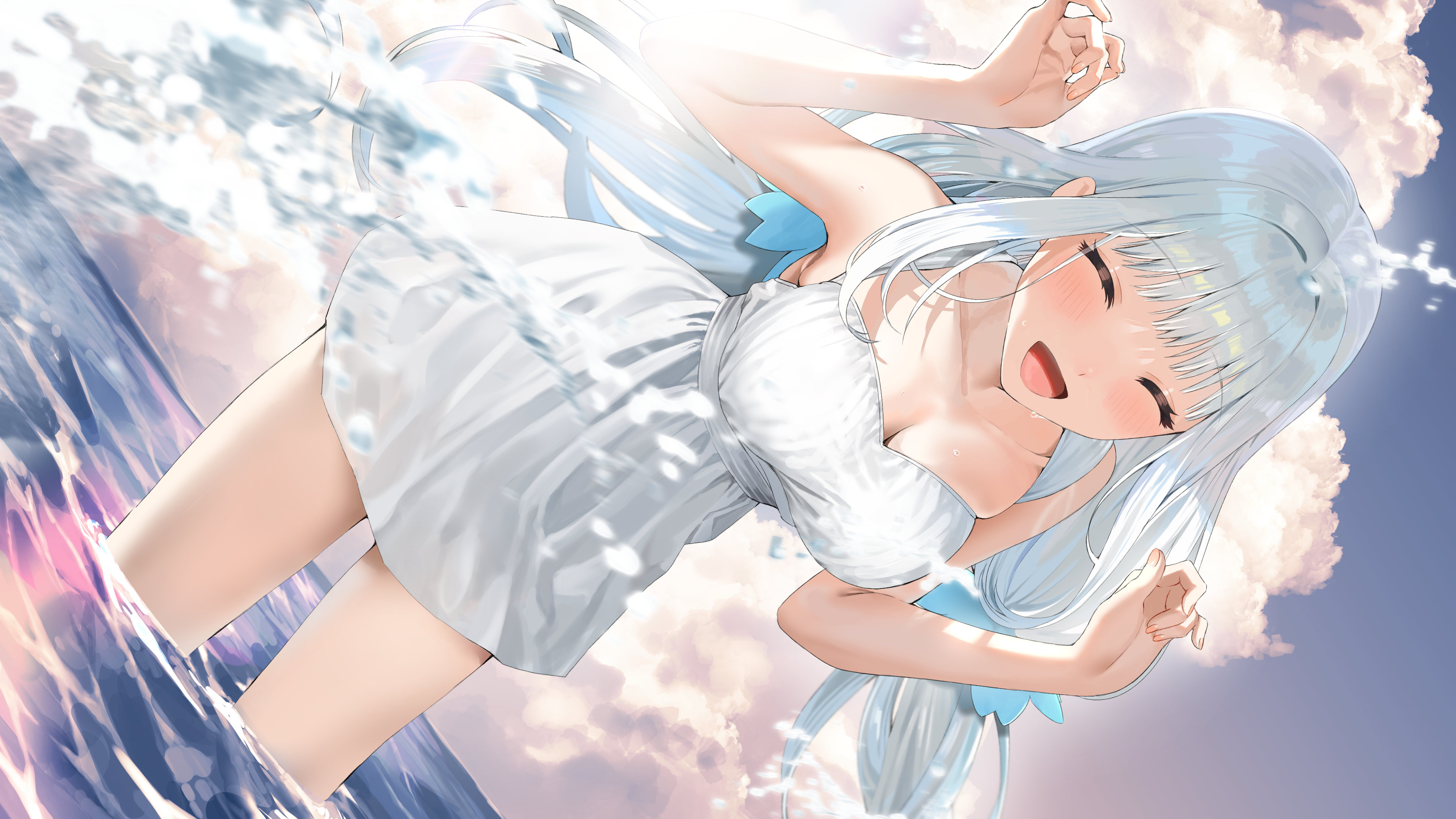 Anime Anime Girls Closed Eyes Water Standing In Water Long Hair Dress Clouds Sky Open Mouth 3840x2160