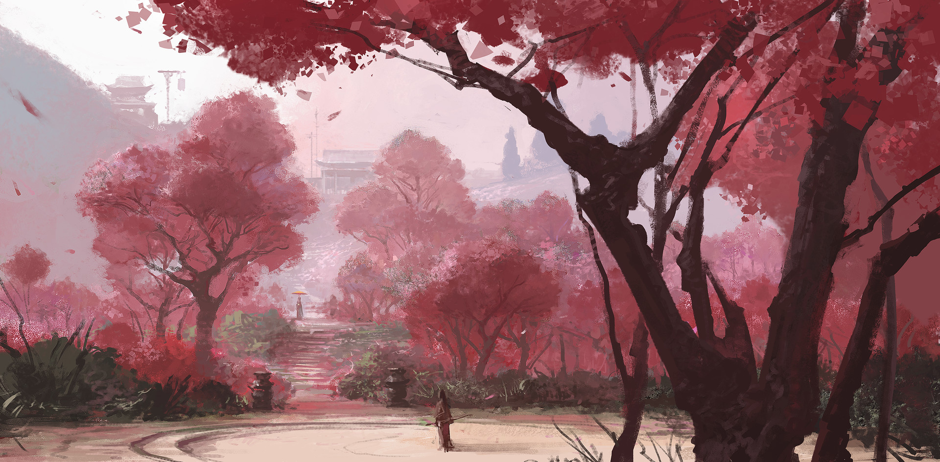 Su Jian Wuxia Illustration Artwork Chinese Architecture Cherry Trees 1920x944
