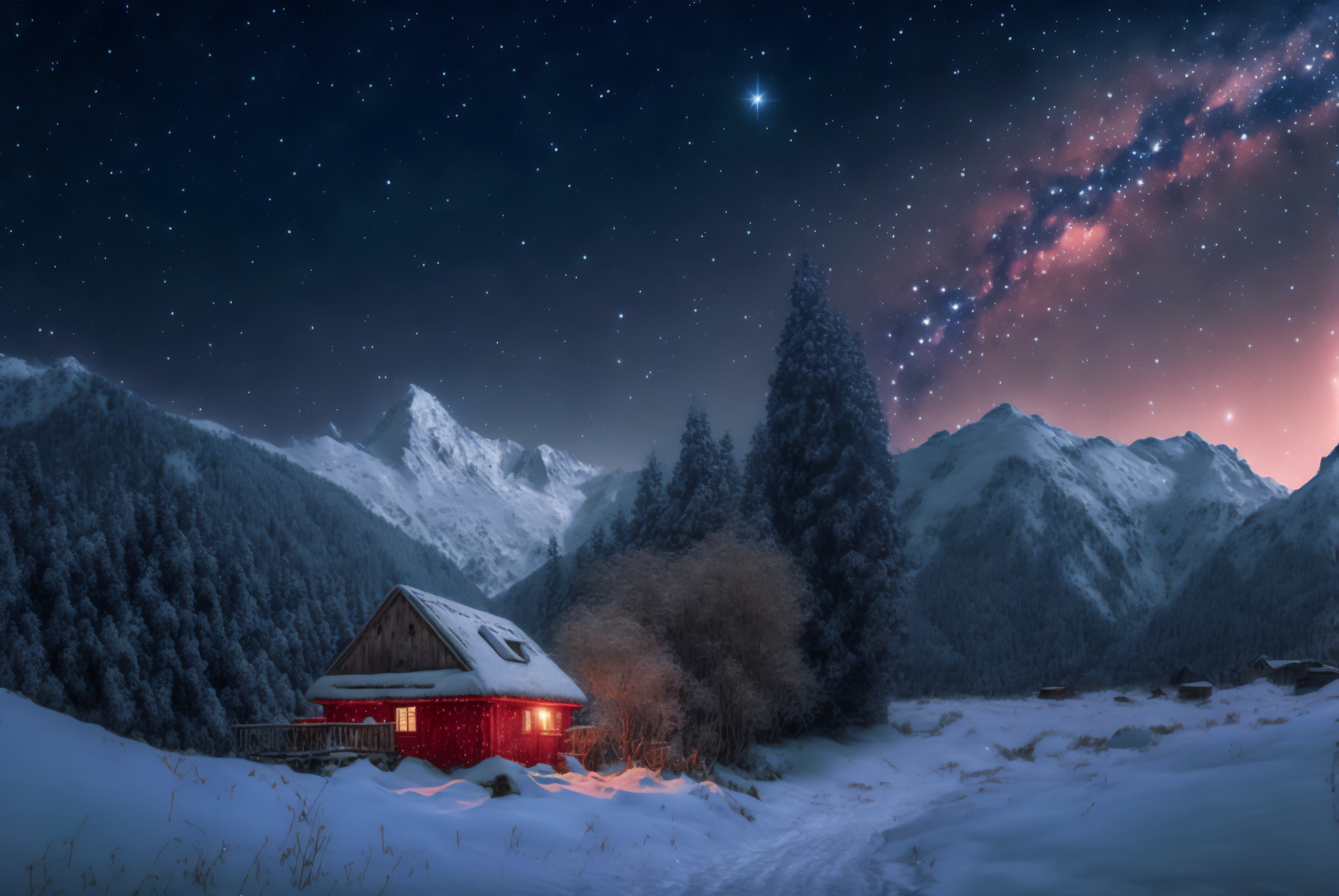 Ai Art Winter Cottage Snow Mountains Nature Stars Starry Night 3060x2048