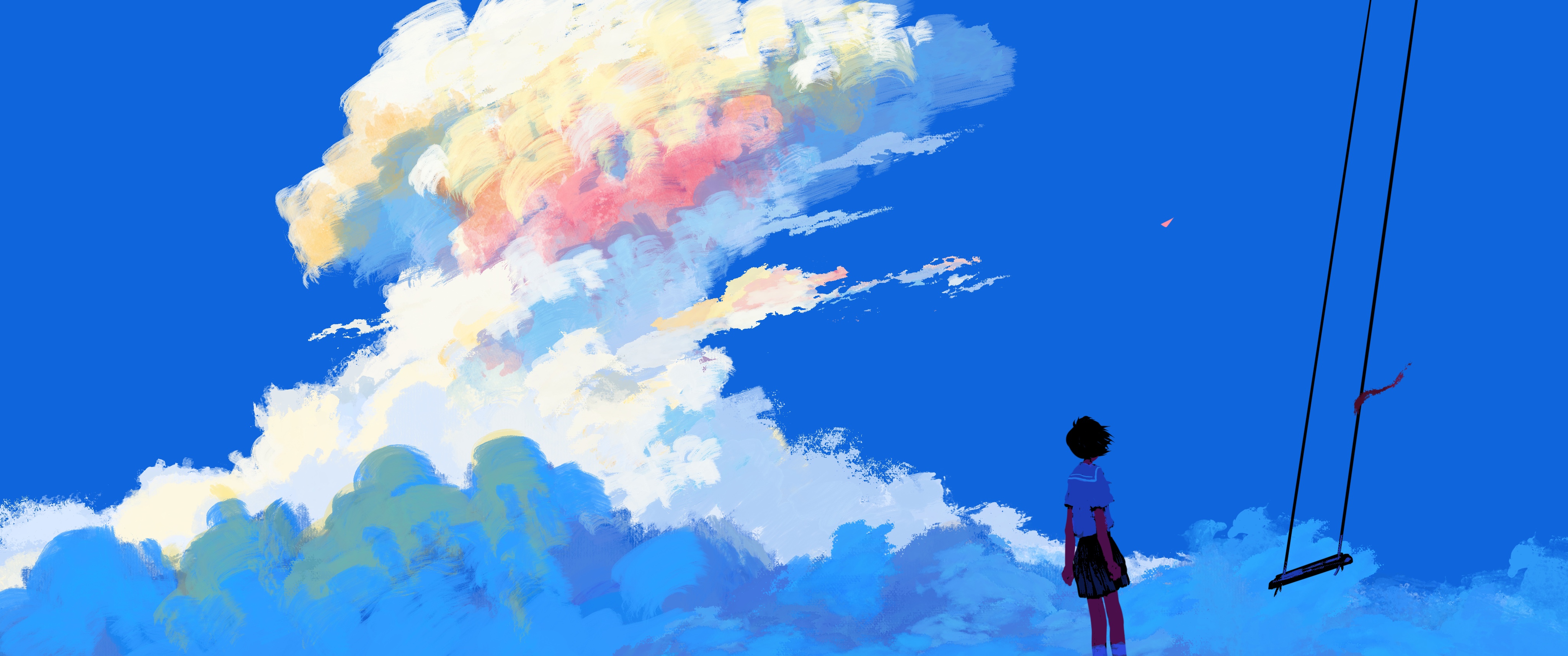 Bangjoy Digital Painting Clouds Peaceful Looking Away Schoolgirl School Uniform Swing Sky Standing H 4096x1714