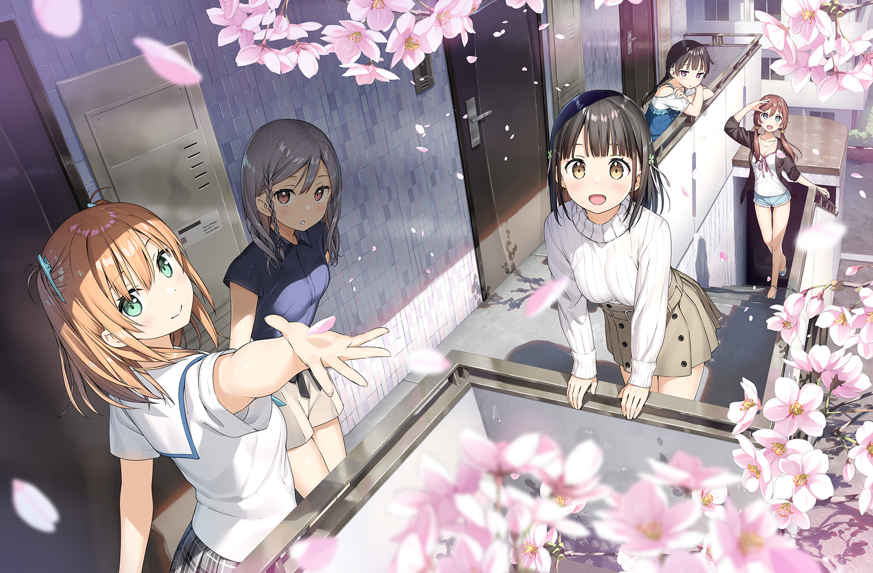 Kantoku Anime Girls One Room Women Group Of Women Flowers Cherry Blossom High Angle Looking At Viewe 1800x1182