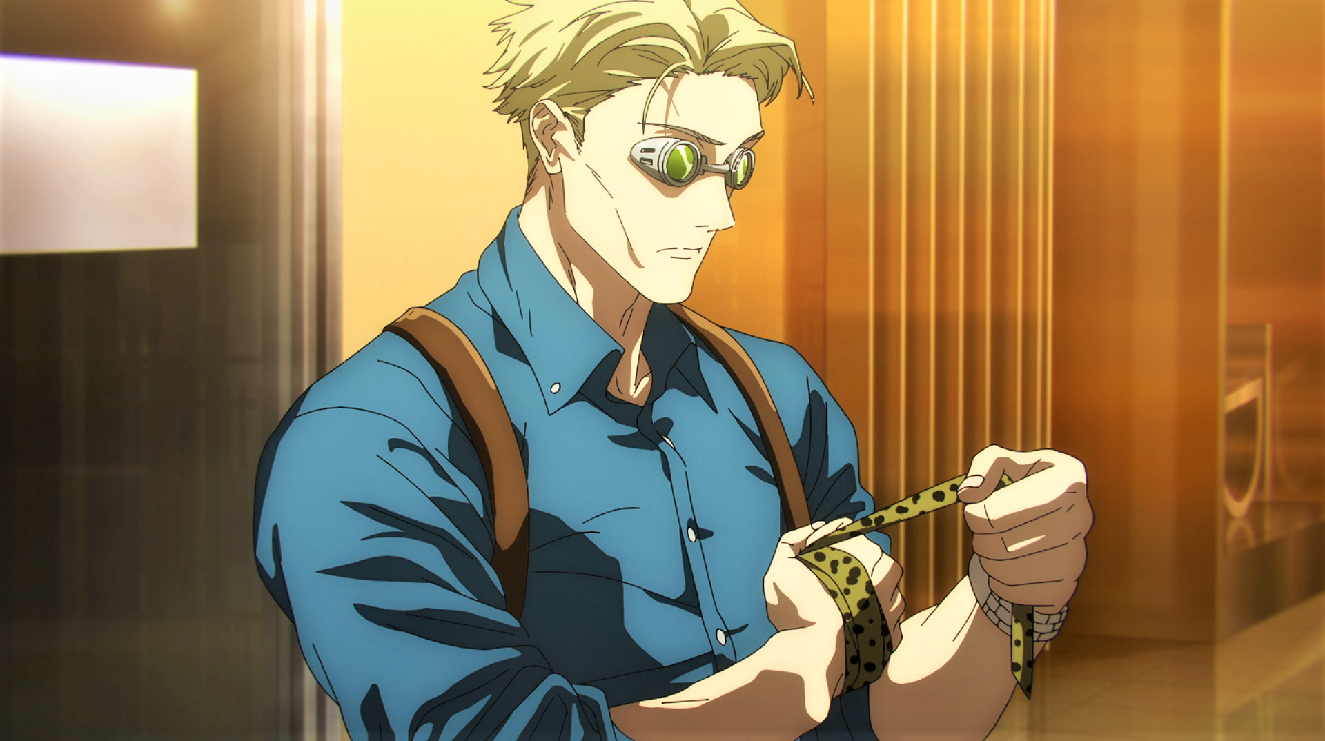 Kento Nanami Tie Goggles Glasses Blonde Muscles Anime Anime Screenshot Anime Boys Suspenders Jujutsu 1920x1074