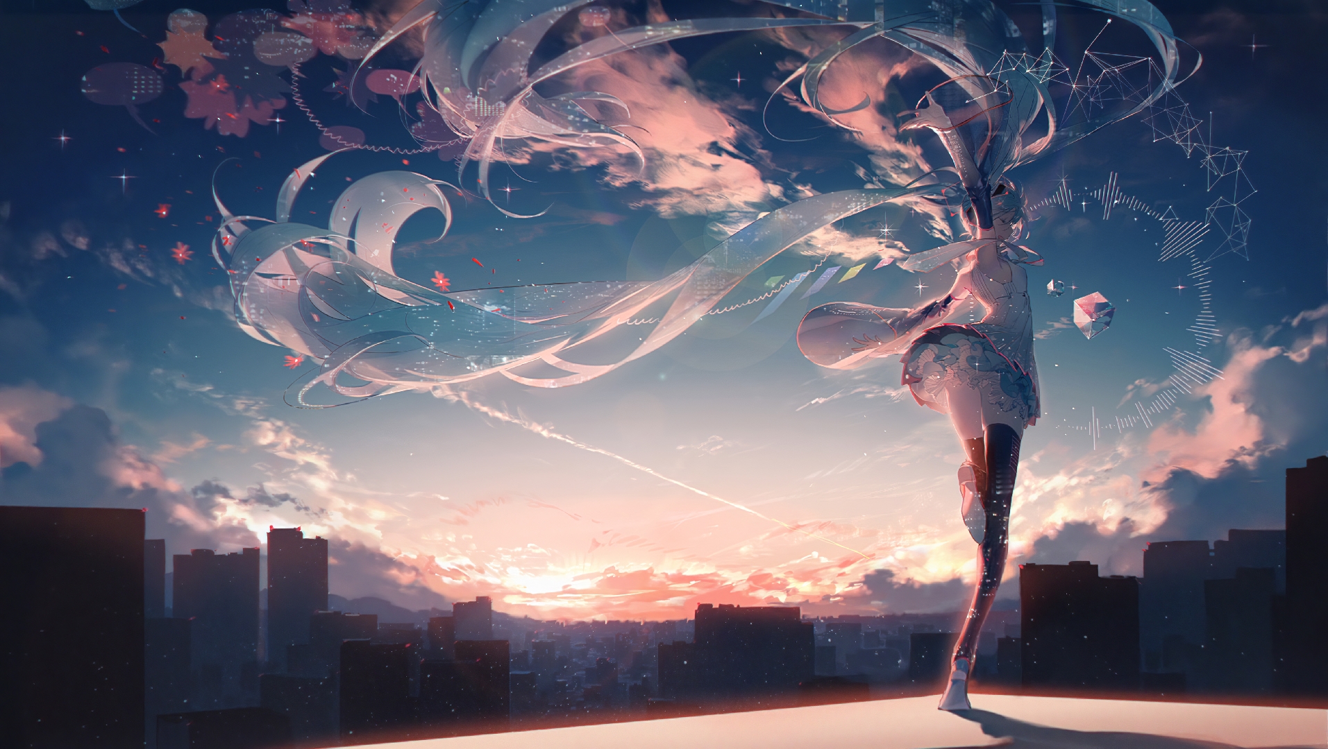 Hatsune Miku Vocaloid Sky Long Hair Dancing Building Anime Girls Clouds Sunset Sunset Glow Sunlight  1913x1080