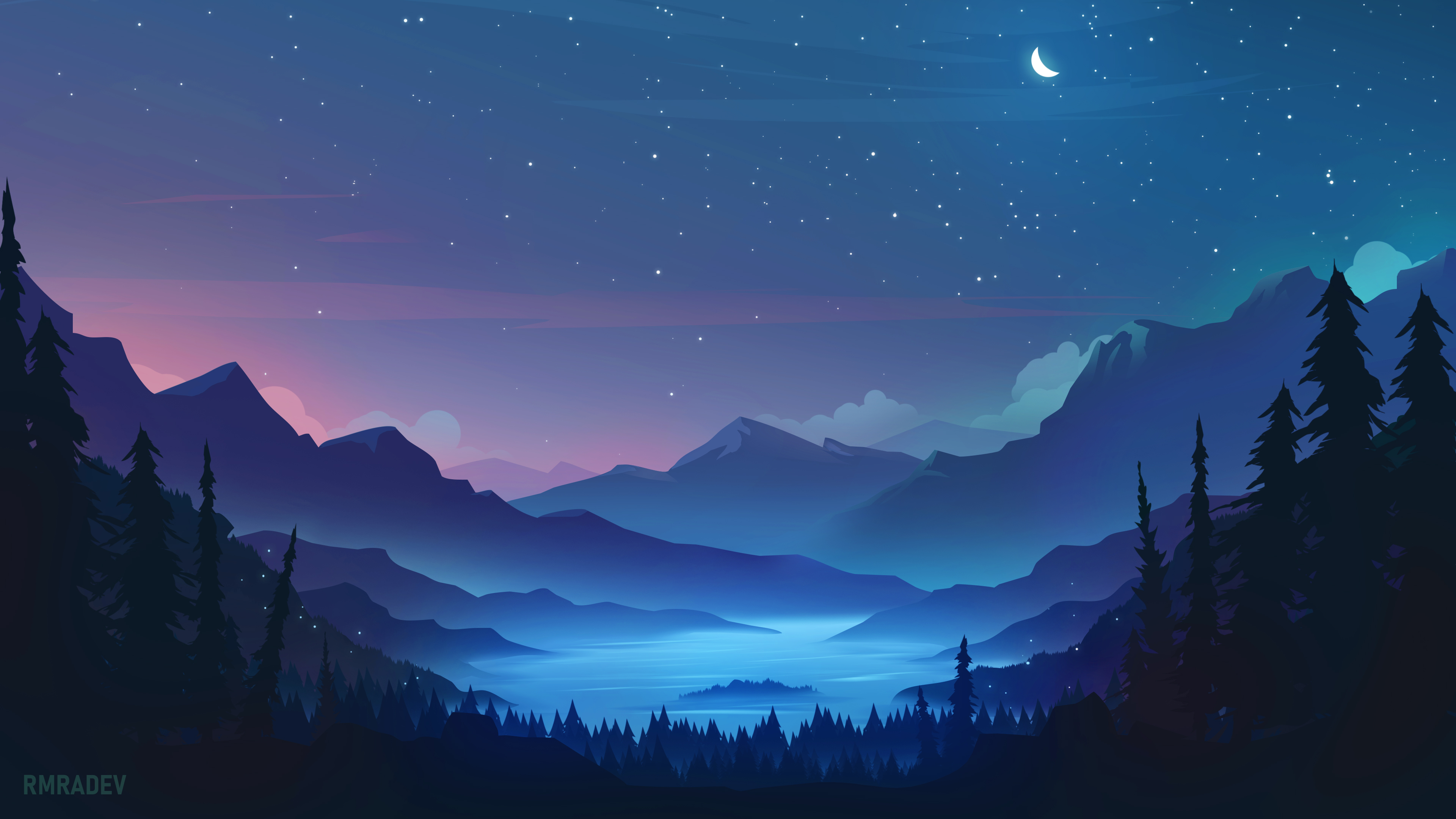RmRadev Digital Art Artwork Illustration Landscape Nature Mountains Night Nightscape Lake Stars Star 3840x2160