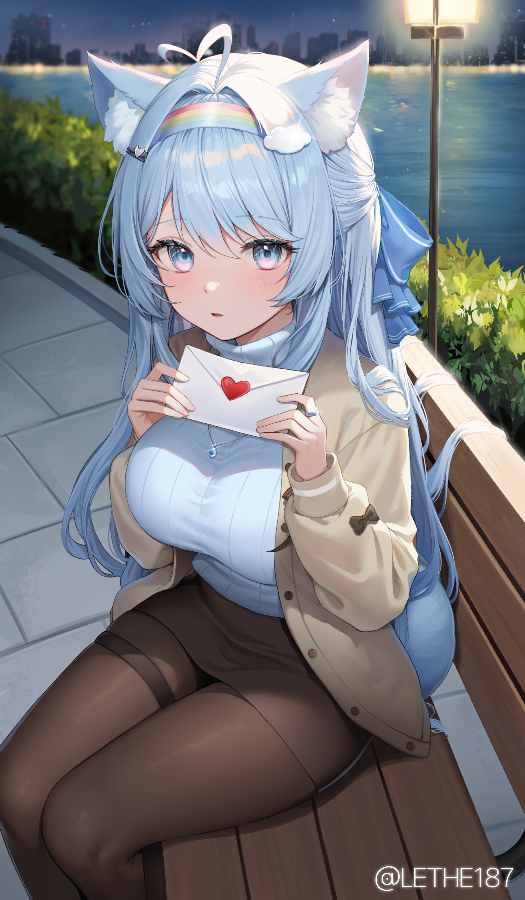 Anime Anime Girls Original Characters Lethe Letter Animal Ears Bench Sitting Blue Hair Blue Eyes Lon 1750x3000