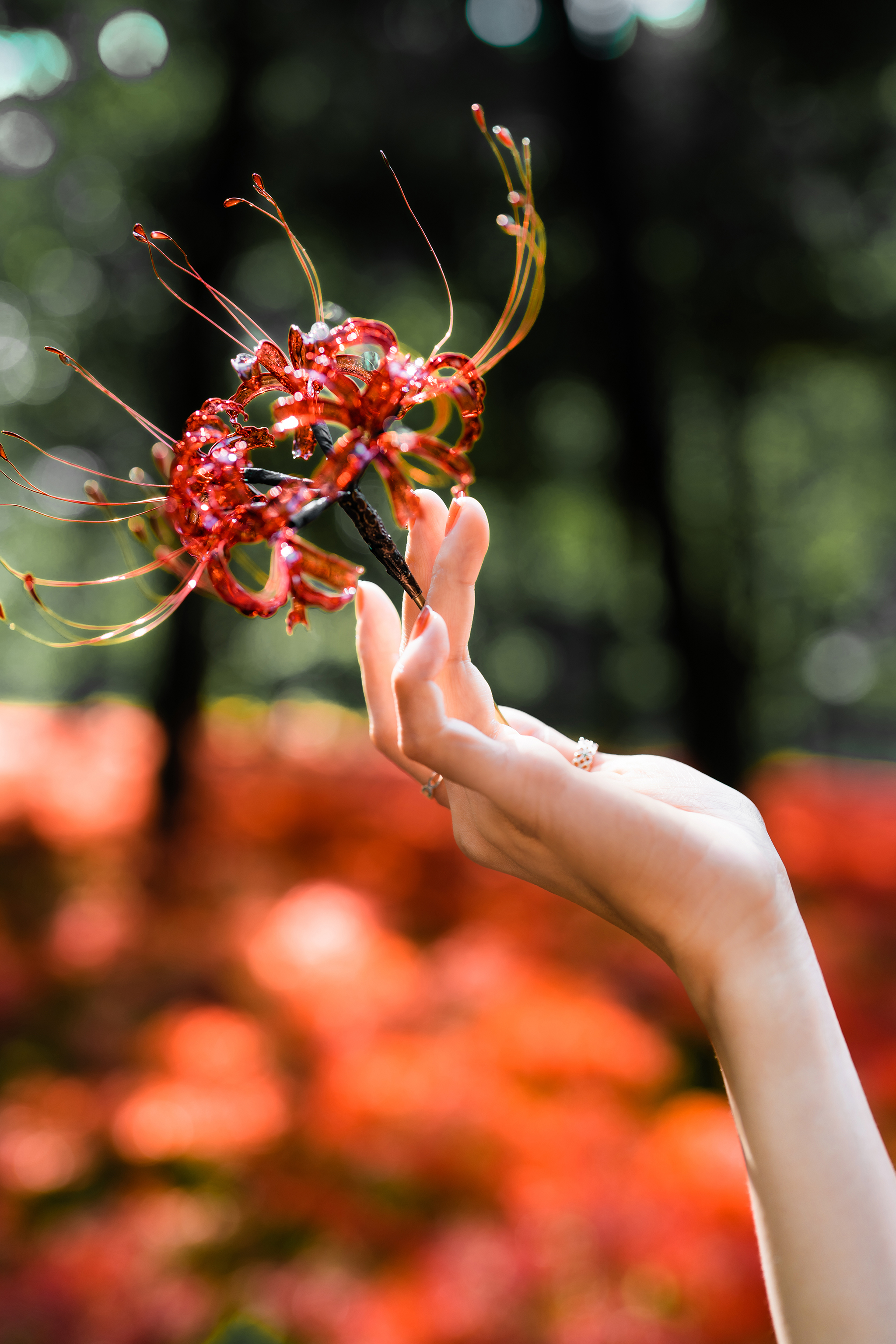 Ely Asian Higanbana Spider Lilies Flowers Hands Rings Bokeh Forest 2048x3070