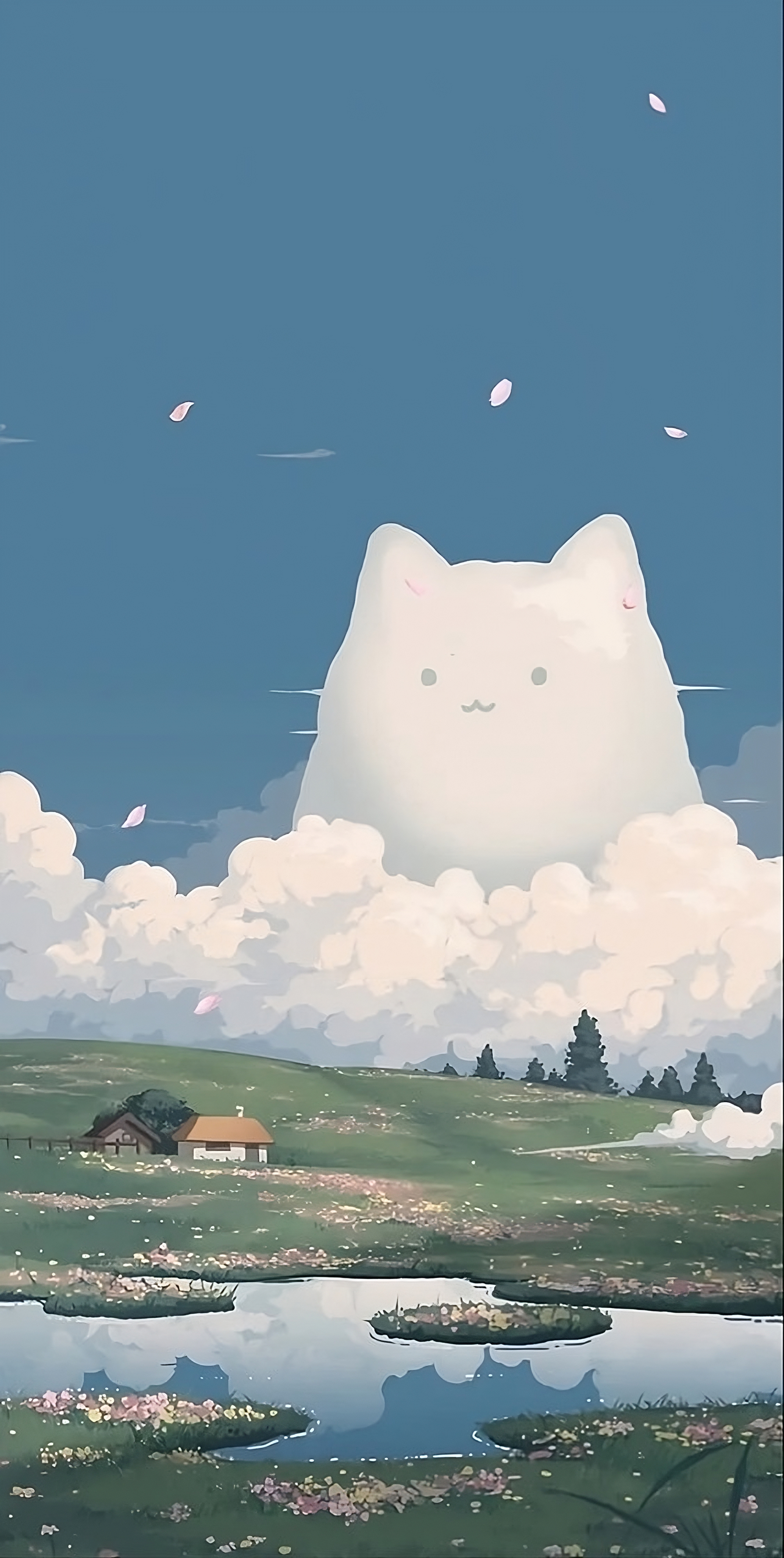 Studio Ghibli Cat Boy Cat Girl Clouds Landscape Rural Clear Sky Big Cats Whiskers Water Reflection F 2256x4480