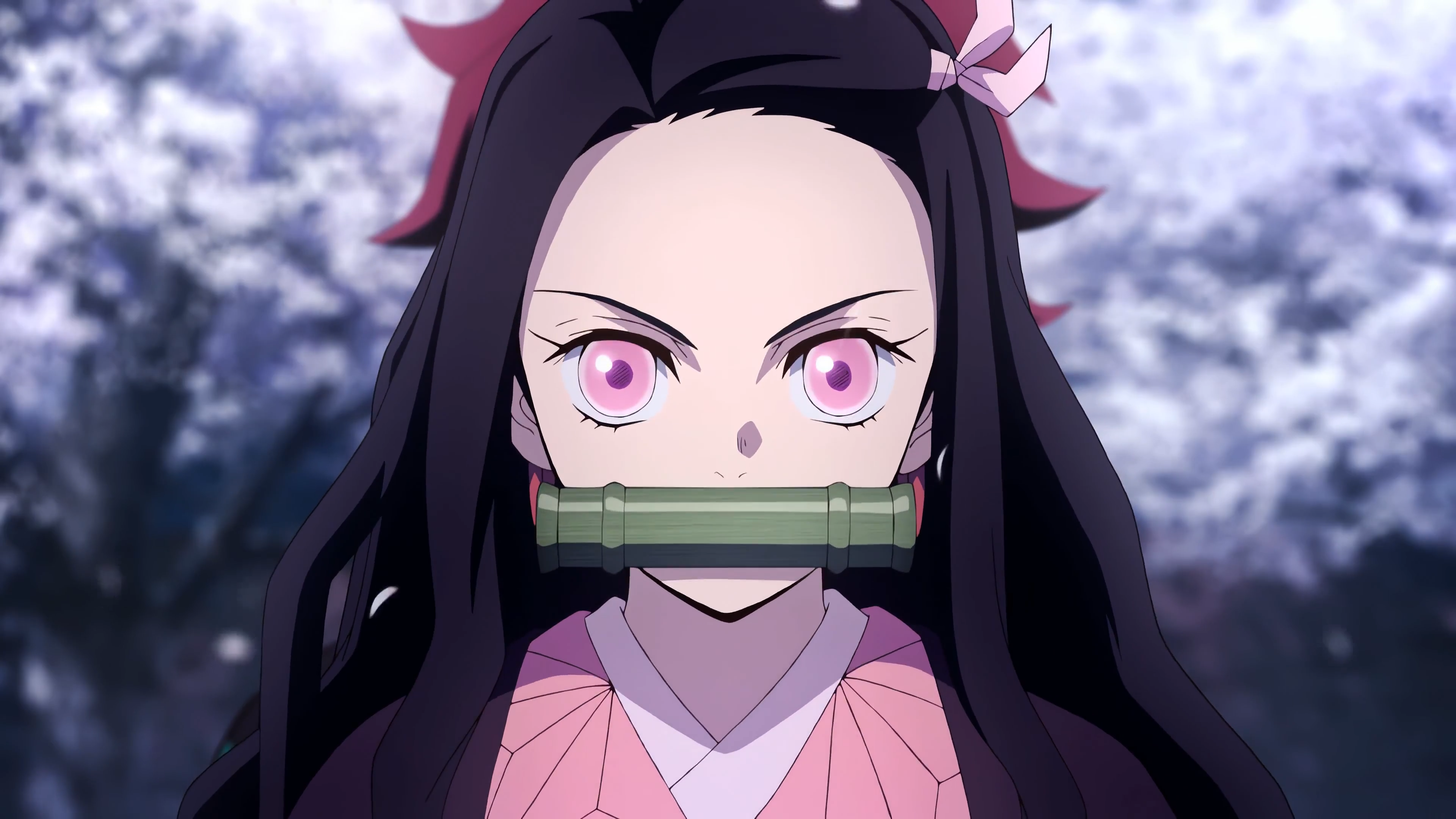 Kamado Nezuko Kimetsu No Yaiba Pink Eyes Anime Anime Girls Face Looking At Viewer Dark Hair Women An 3840x2160