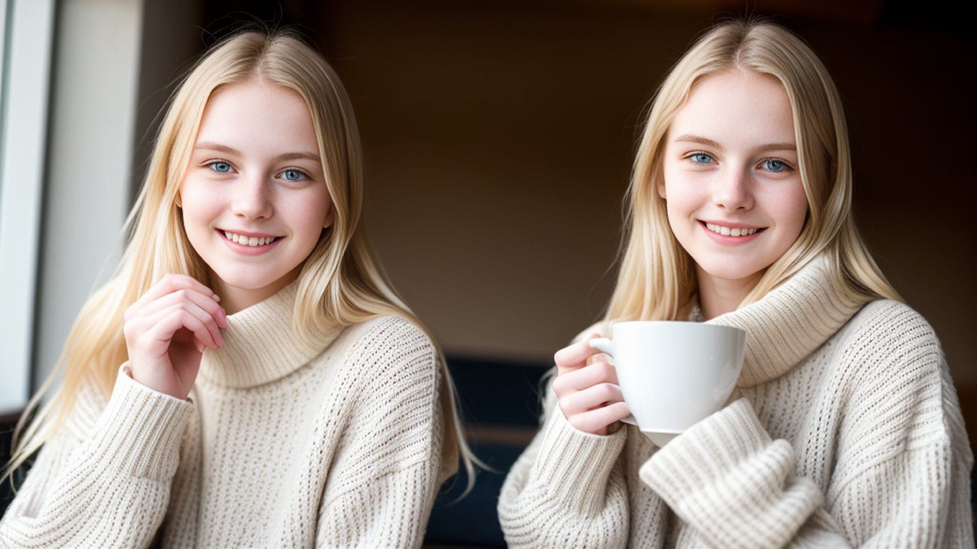 Ai Art Women Blonde Sweater Coffee Twins Sisters Teen White Sweater Turtlenecks Blue Eyes Cup Lookin 1920x1080