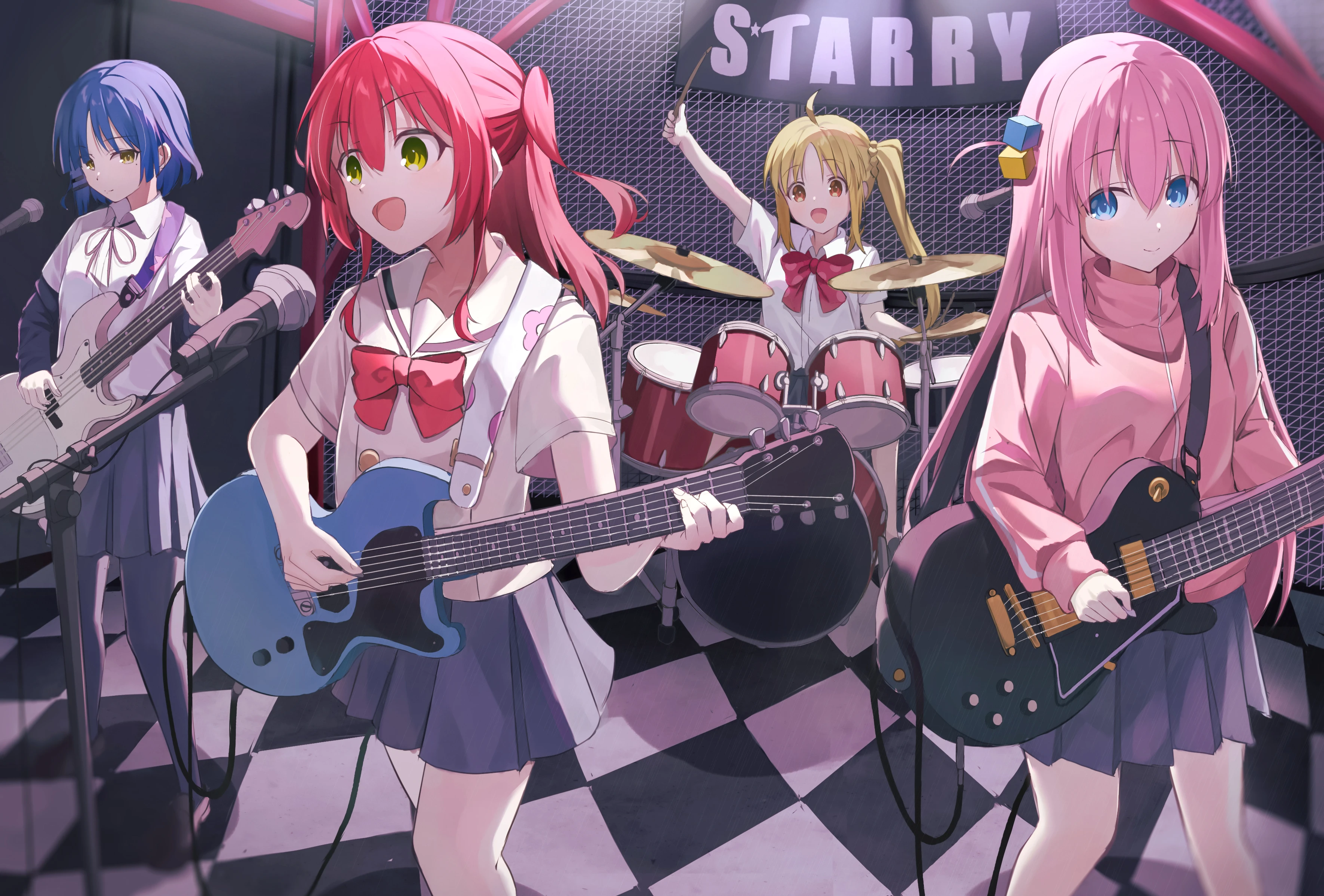 Anime Anime Girls BOCCHi THE ROCK Musical Instrument Guitar Drums Microphone 3541x2398