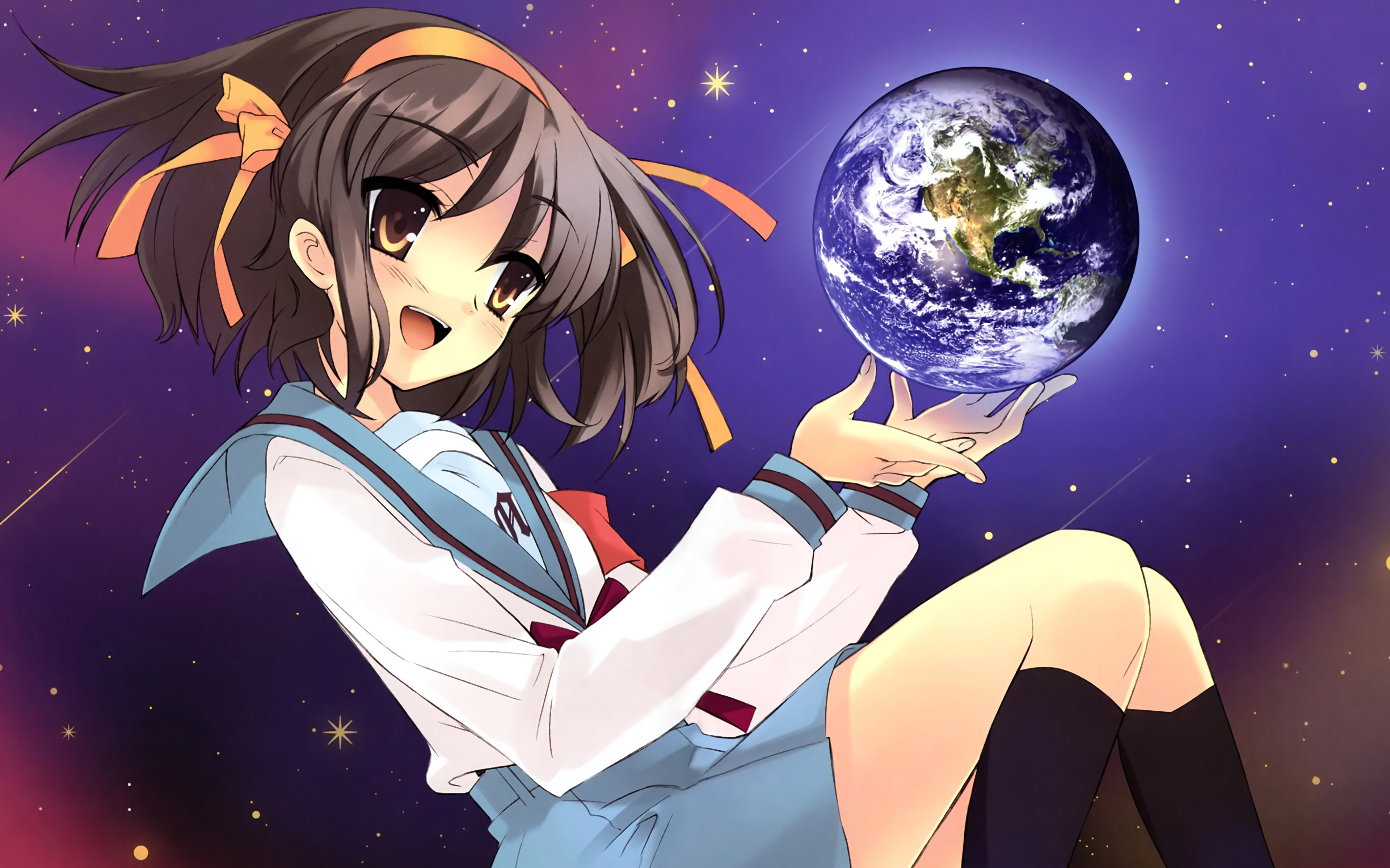 The Melancholy Of Haruhi Suzumiya Suzumiya Haruhi World Planet Space Stars Brunette Brown Eyes Schoo 3840x2400