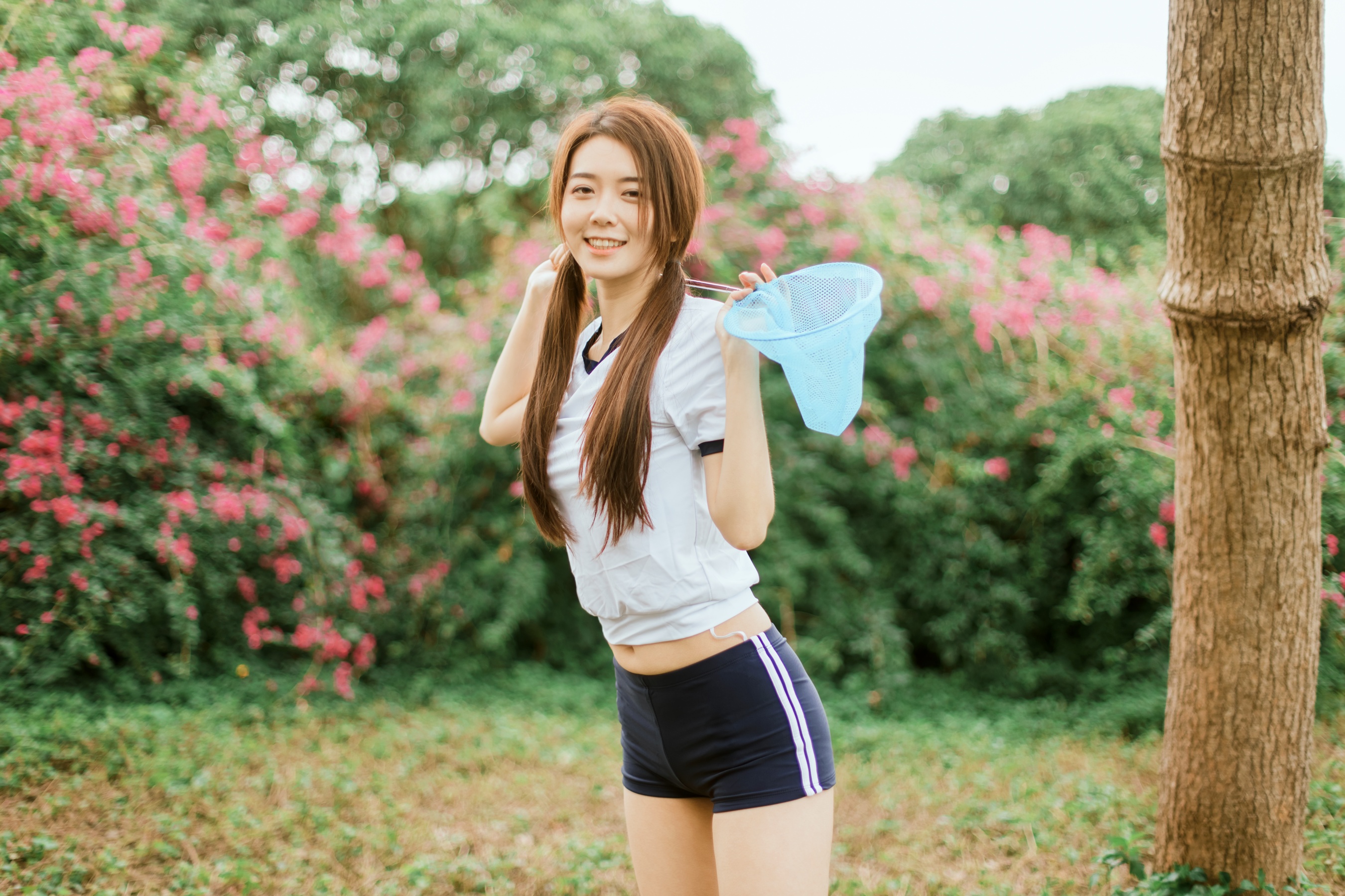 Women Model Asian Chinese Model Brunette Twintails Legs Smiling Flowers Net T Shirt White Tops 2700x1800