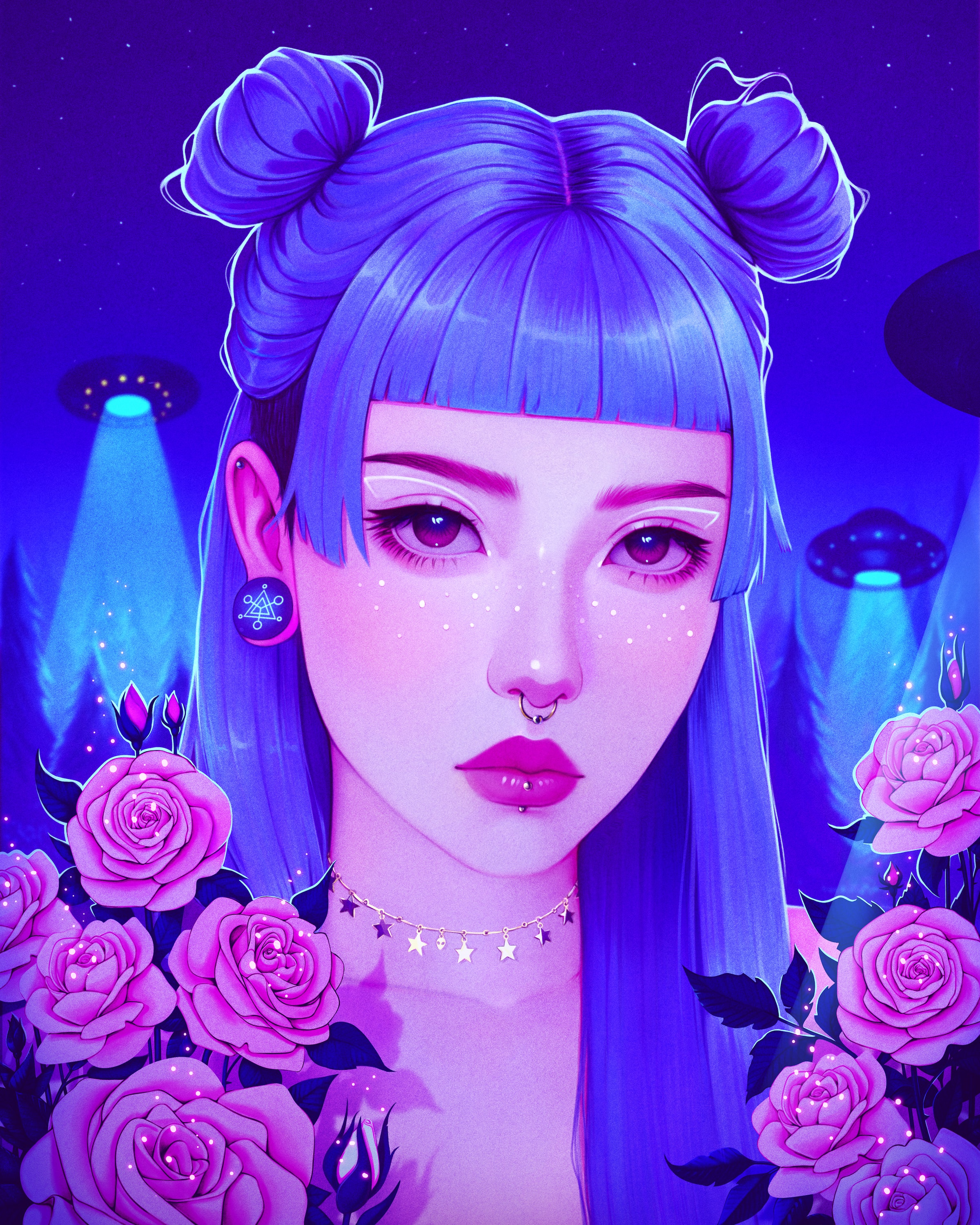 Meowgress Digital Art Artwork Illustration Women UFO Long Hair Blue Hair Rose Looking At Viewer Port 2400x3000