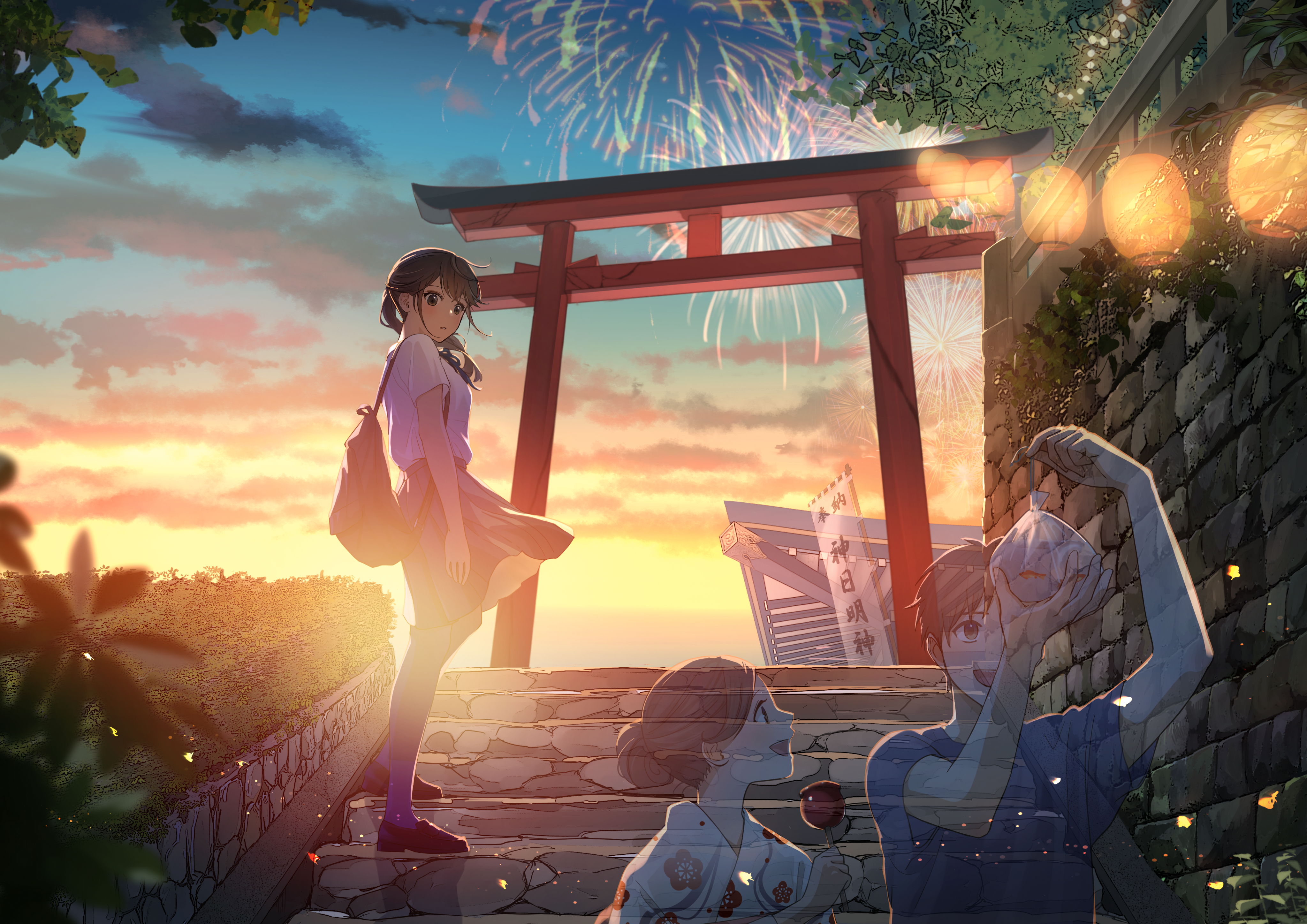 Anime Anime Girls Schoolgirl School Uniform Sunset Sunset Glow Torii Sunlight Sky Clouds Stairs Cand 4093x2894