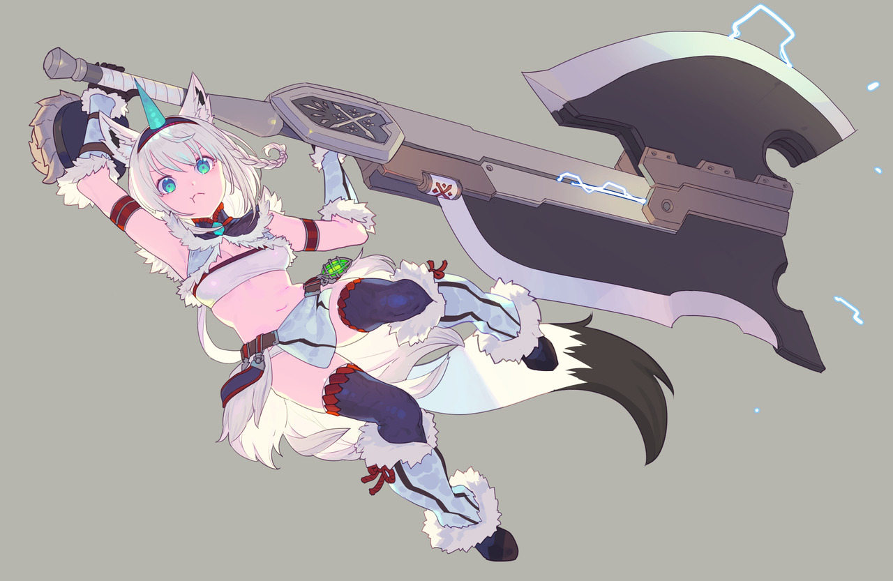 Anime Girls Monster Hunter Simple Background Minimalism Weapon Two Tone Hair Wolf Girls Wolf Ears Wo 1280x833