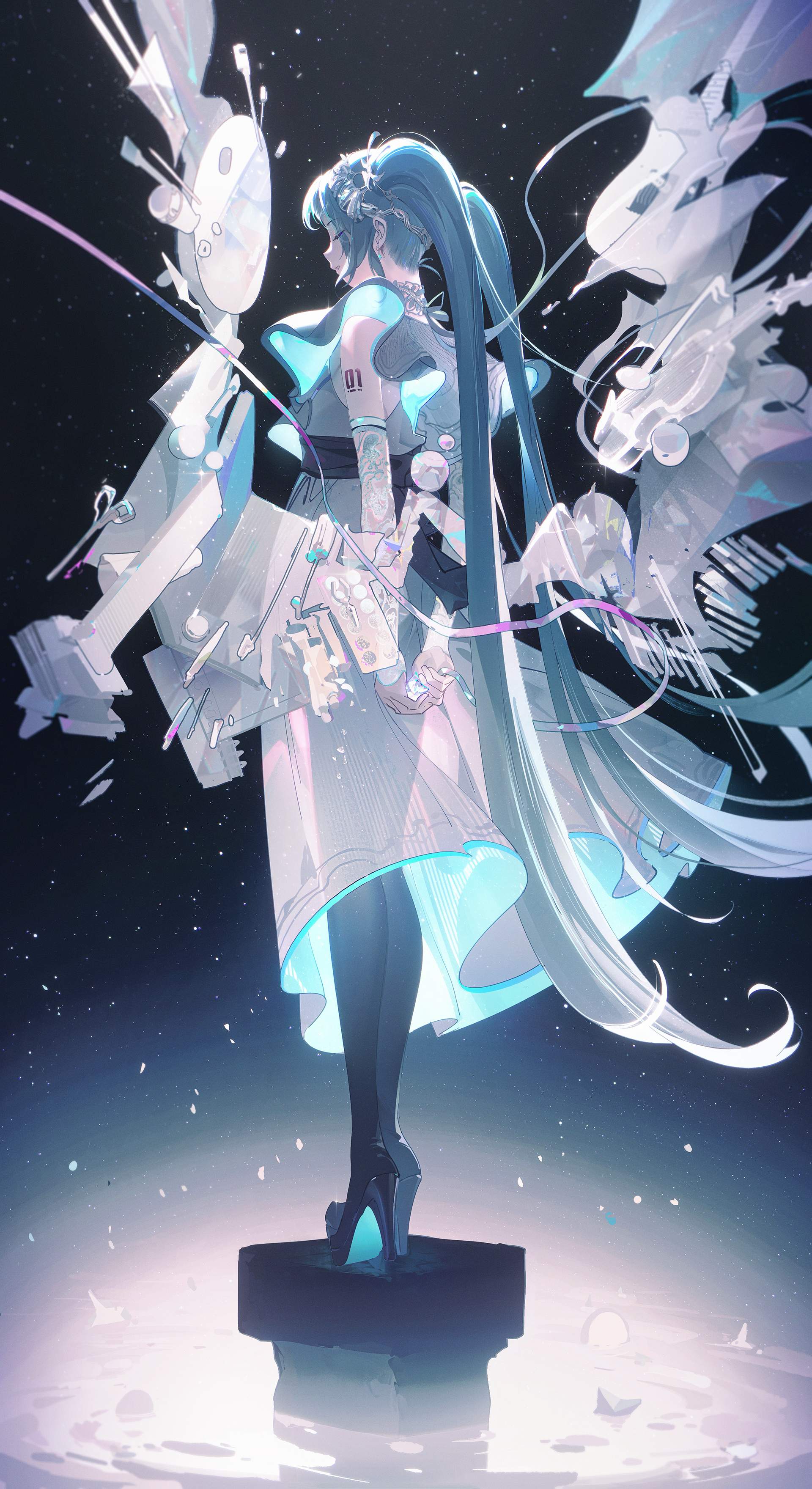 Anime Anime Girls Hatsune Miku Vocaloid Long Hair Twintails Closed Eyes Blue Hair Simple Background  1920x3520
