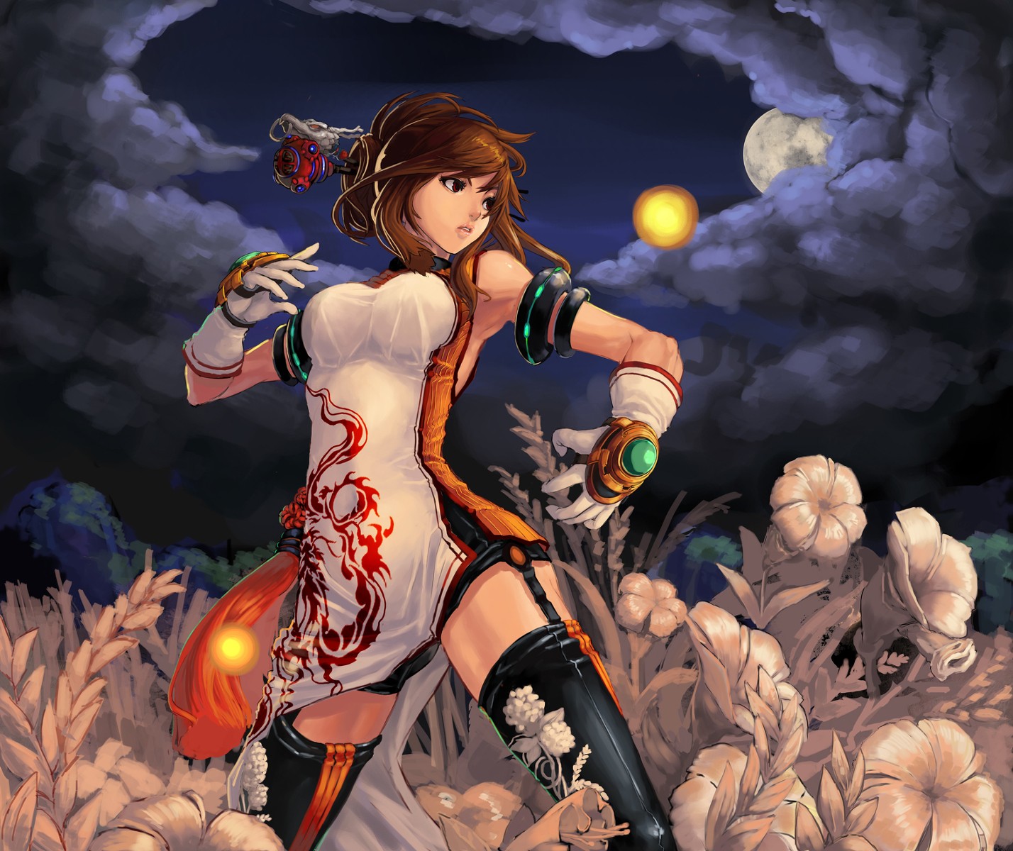 Video Game Art Sky Moon Night Moonlight Clouds Video Games Short Hair Gloves Flowers Chinese Dress L 1428x1200