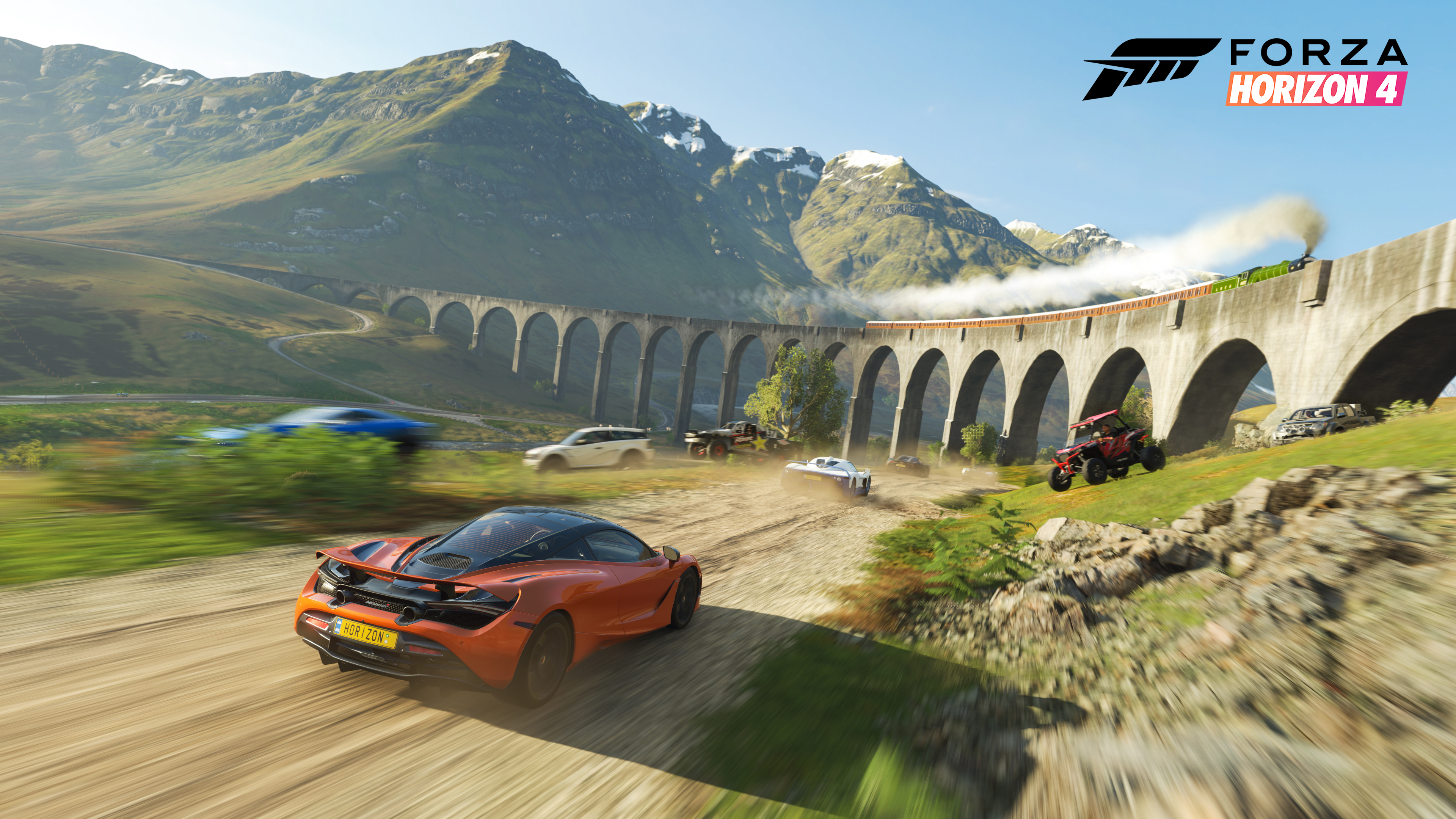 Forza Horizon 4 Video Games Car McLaren 720S Motion Blur Licence Plates Logo Path Train Mountains 3840x2160