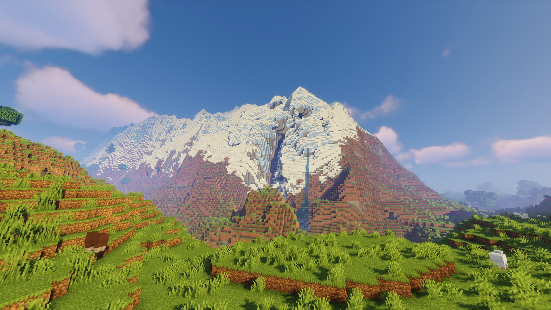 Minecraft Video Games Morning Mountain Top Grass Sunlight Cube Mountains Sky Clouds Snow Shaders 1920x1080