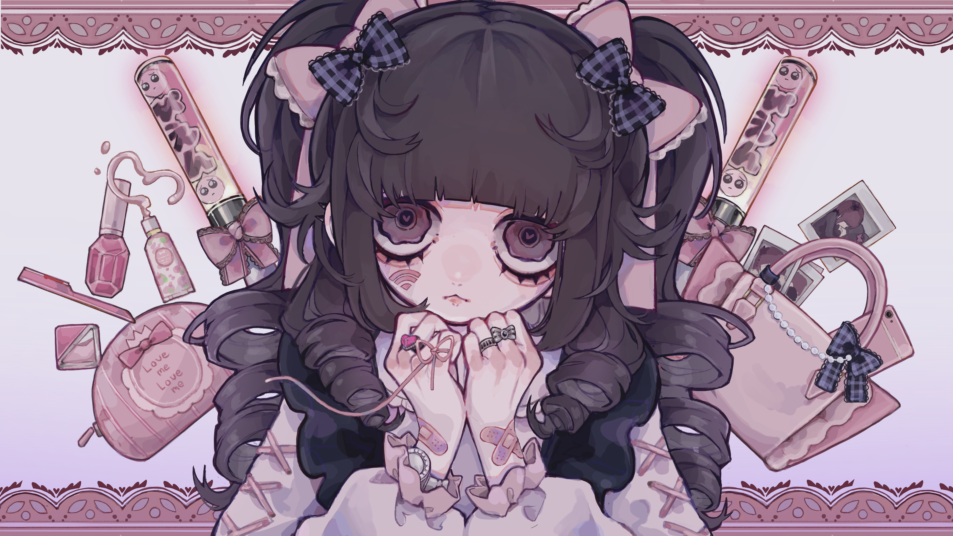 Tira27 Anime Solo Pleading Long Hair Bag Watch Tattoo Heart Eyes Twintails Pink Ribbons Curly Hair B 3840x2160