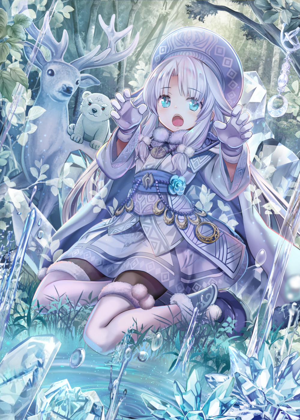 Anime Torino Akua Anime Girls White Hair Deer Bears Hat Water Ice Blue Eyes 1000x1400