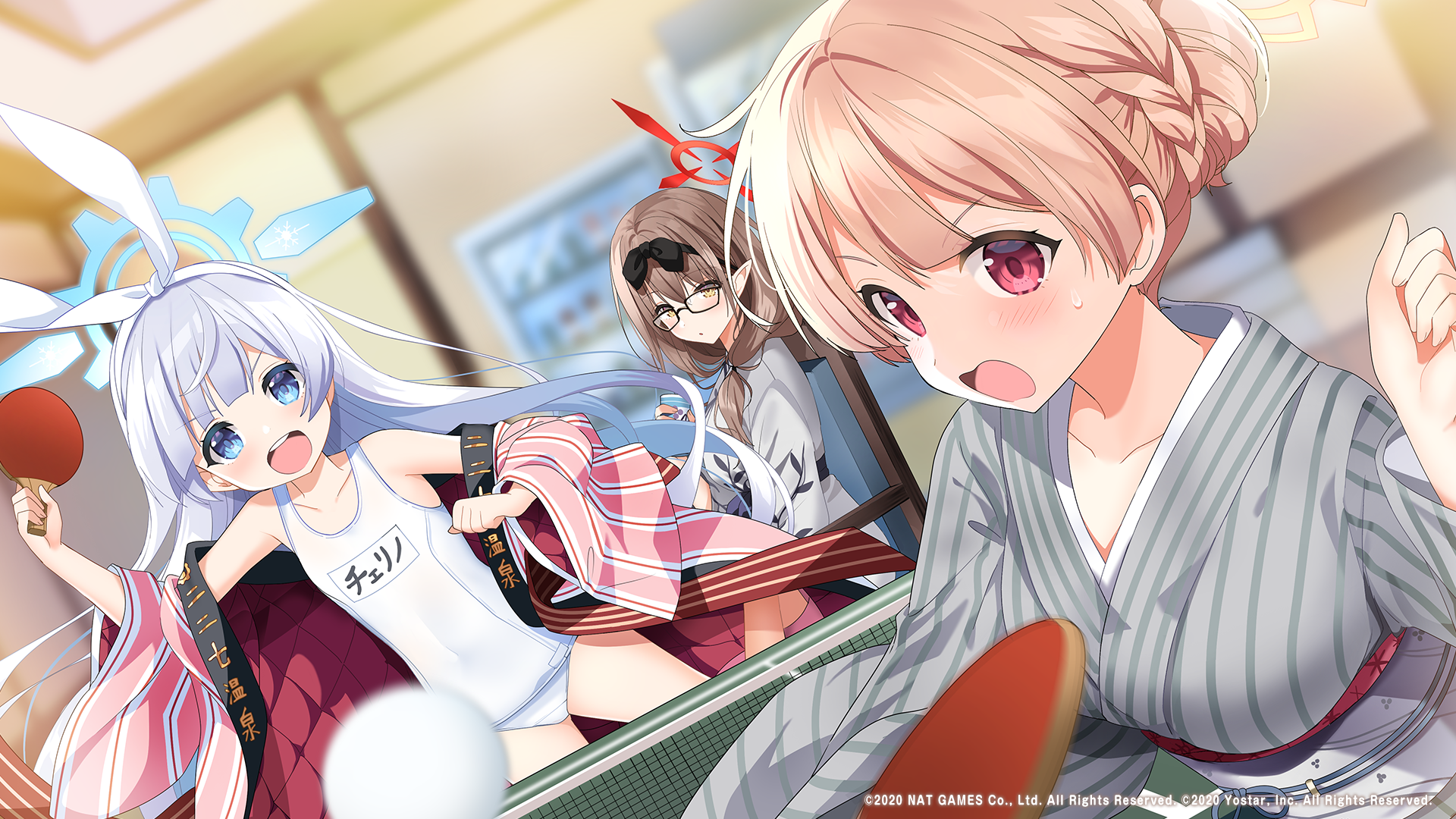 Blue Archive Girl Band Anime Girls Kimono Japanese Glasses Pointy Ears Looking At Viewer 1920x1080