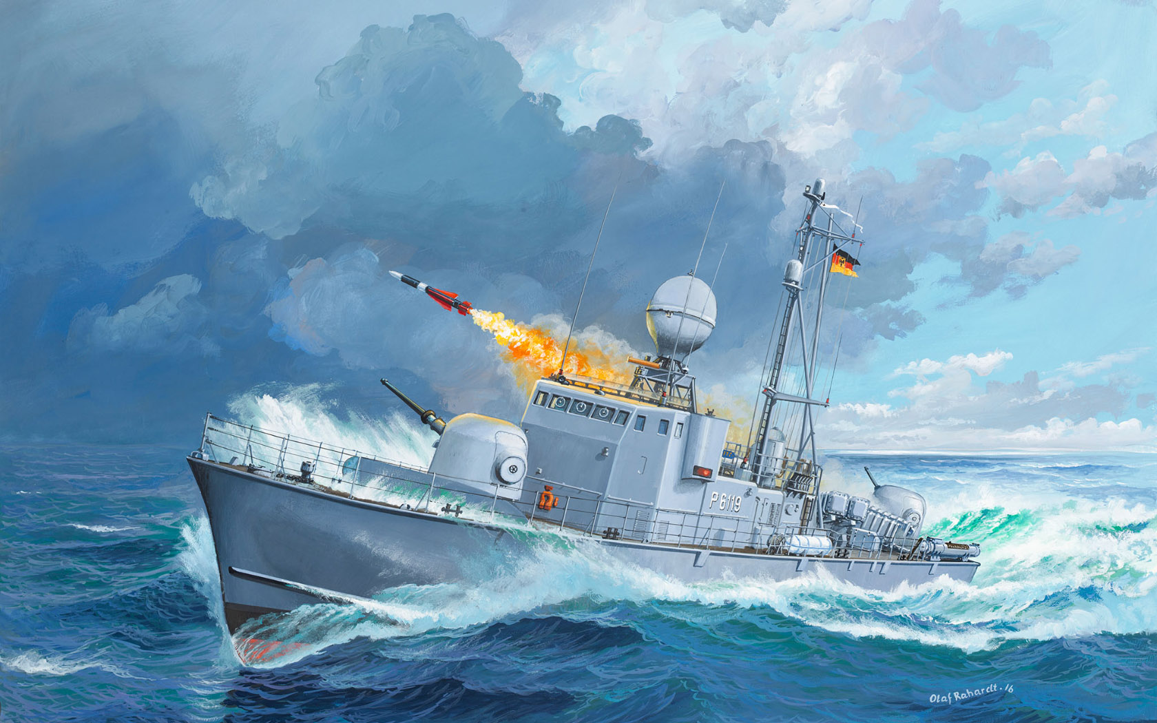 Warship Sea Sky Army Military Flying Military Vehicle Water Clouds Artwork Missiles Flag German Flag 1680x1050