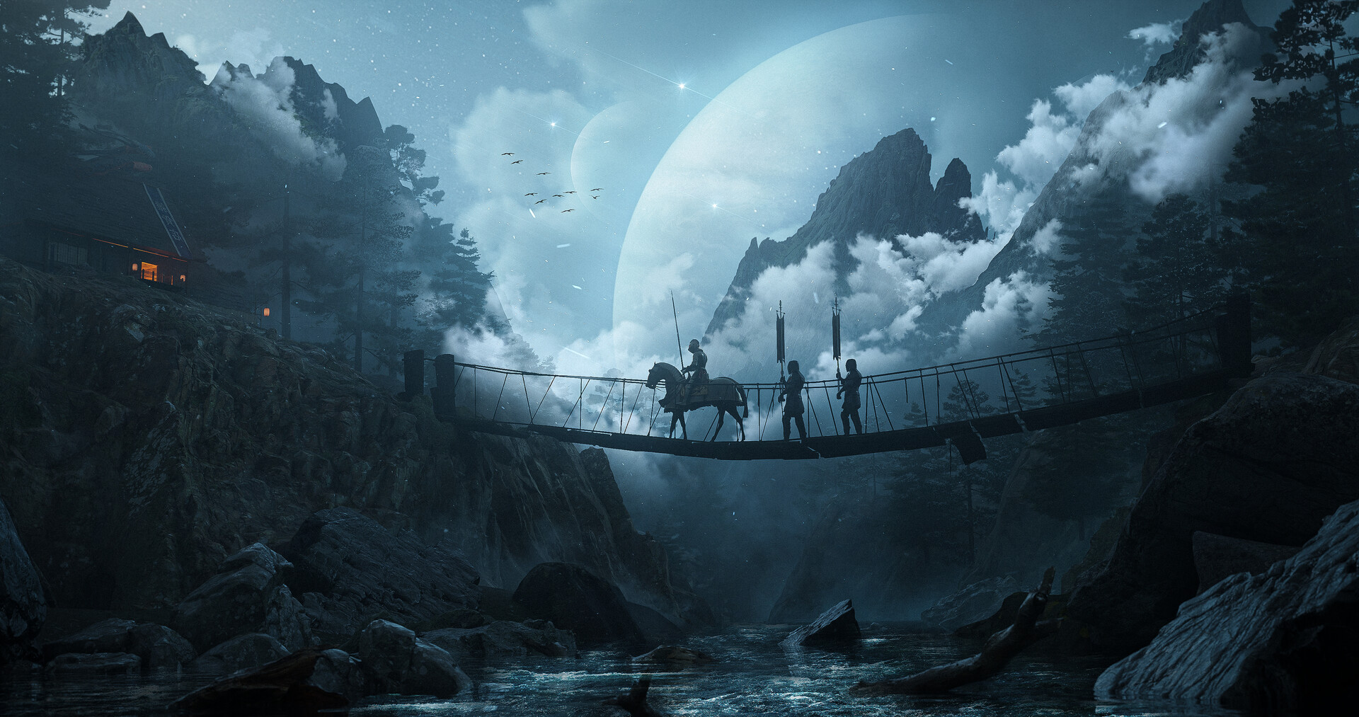 Artwork Digital Art Knight Horse Nature Bridge Water Rocks Mountains Moon Night 1920x1013