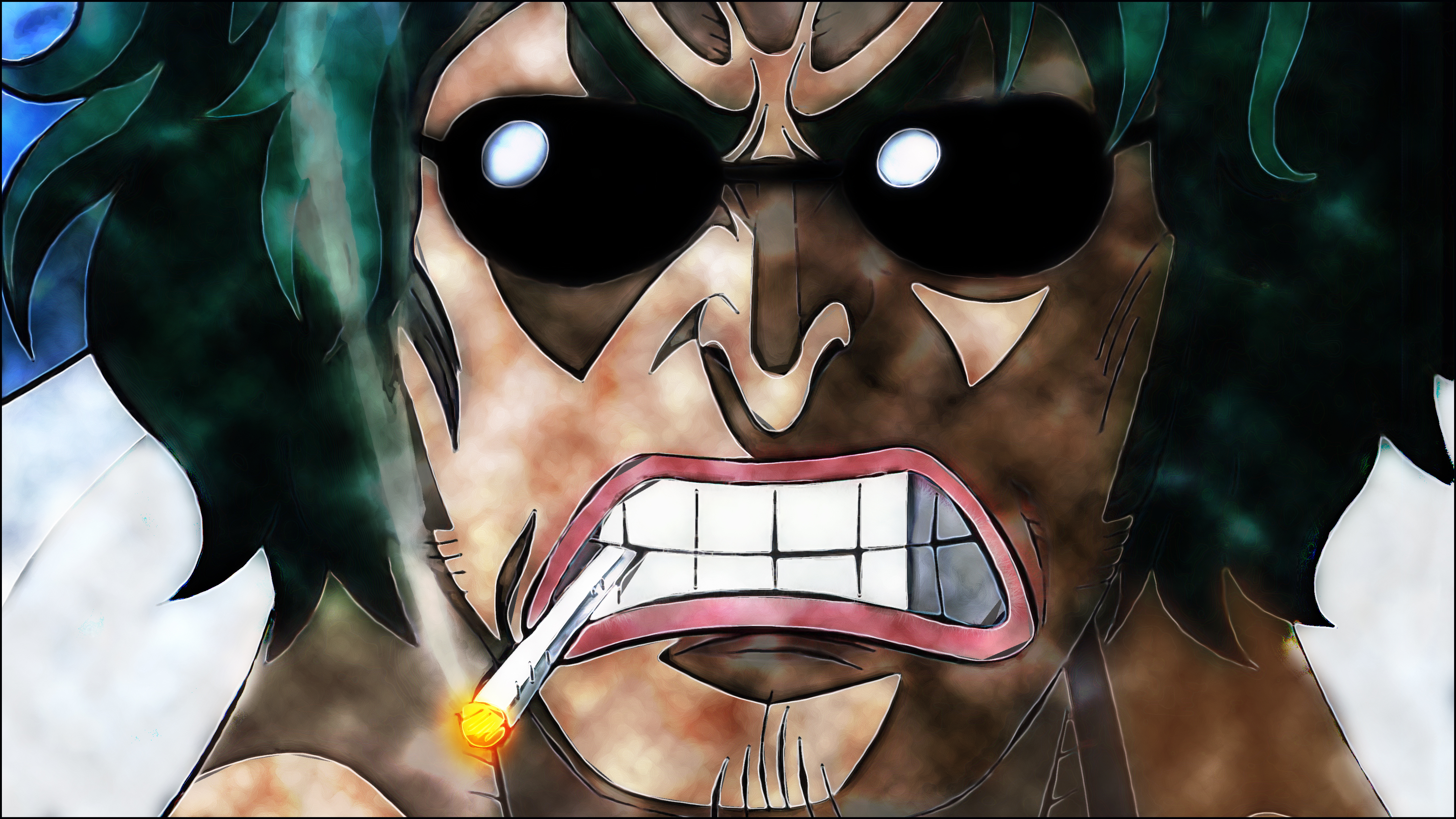 One Piece Anime Boys Cigarettes Smoking Teeth Sunglasses Green Hair Frown Smoke Ryokugyu Face Nose 3840x2160