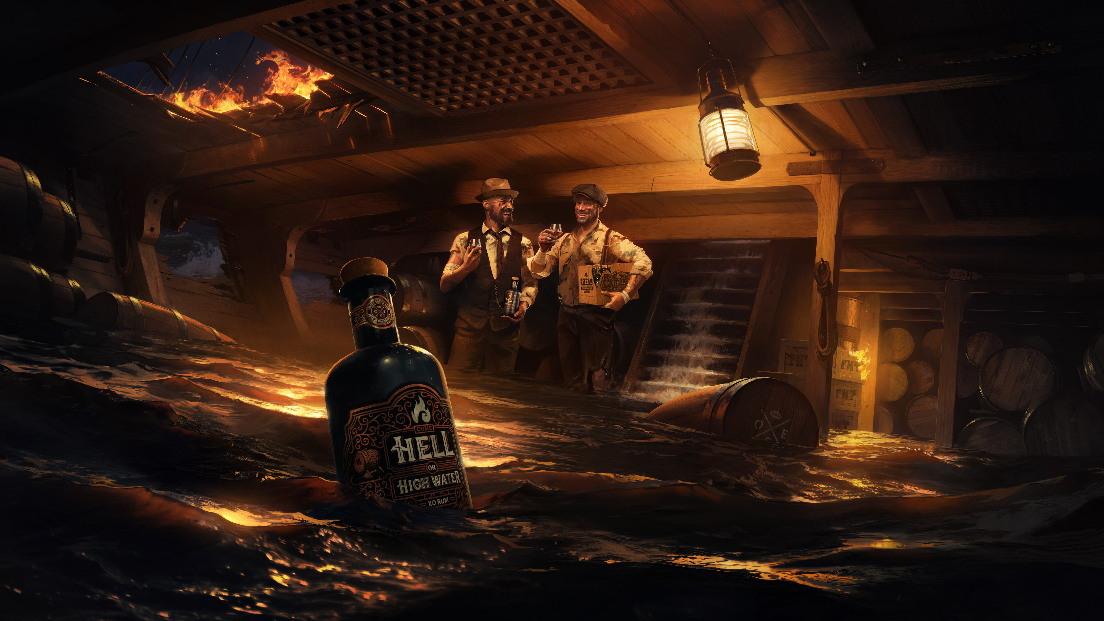 Artwork Rum Ship Water Fire Men Lights Alcohol Bottles Barrel 3840x2160