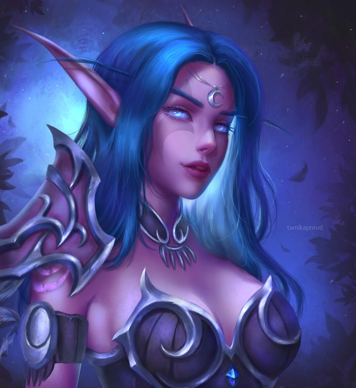 Tatiana Hordiienko Drawing Night Elves Blue Hair Warcraft Pointy Ears Armor Blue Eyes Glowing Eyes N 1173x1280