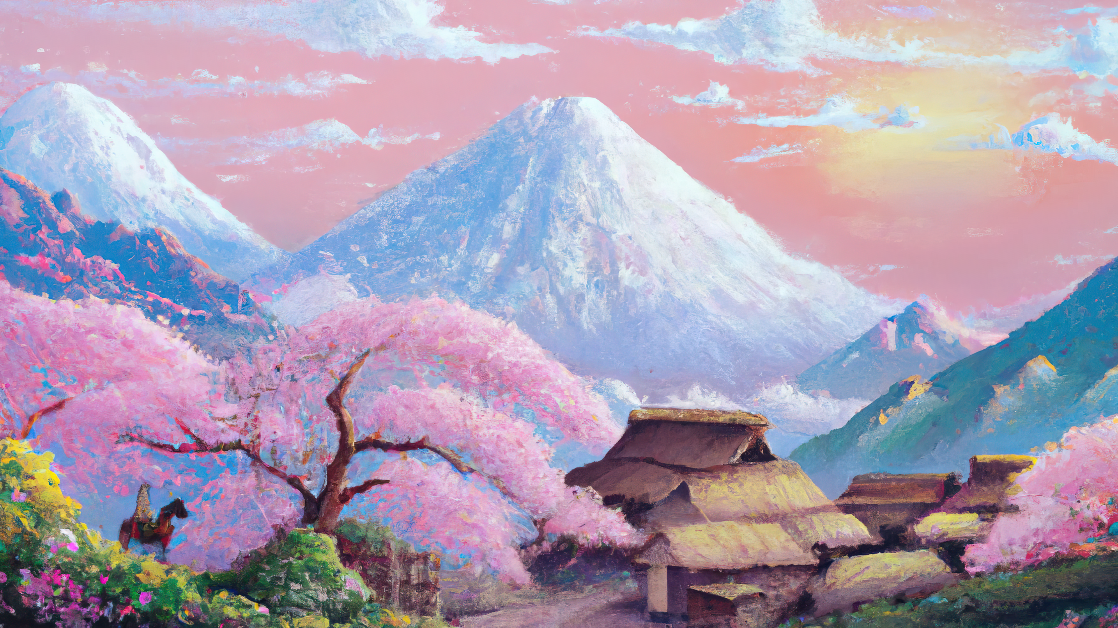 Ai Art Ai Painting Painting Japan Mount Fuji Mountains Cherry Blossom Village Landscape Artwork 3840x2160