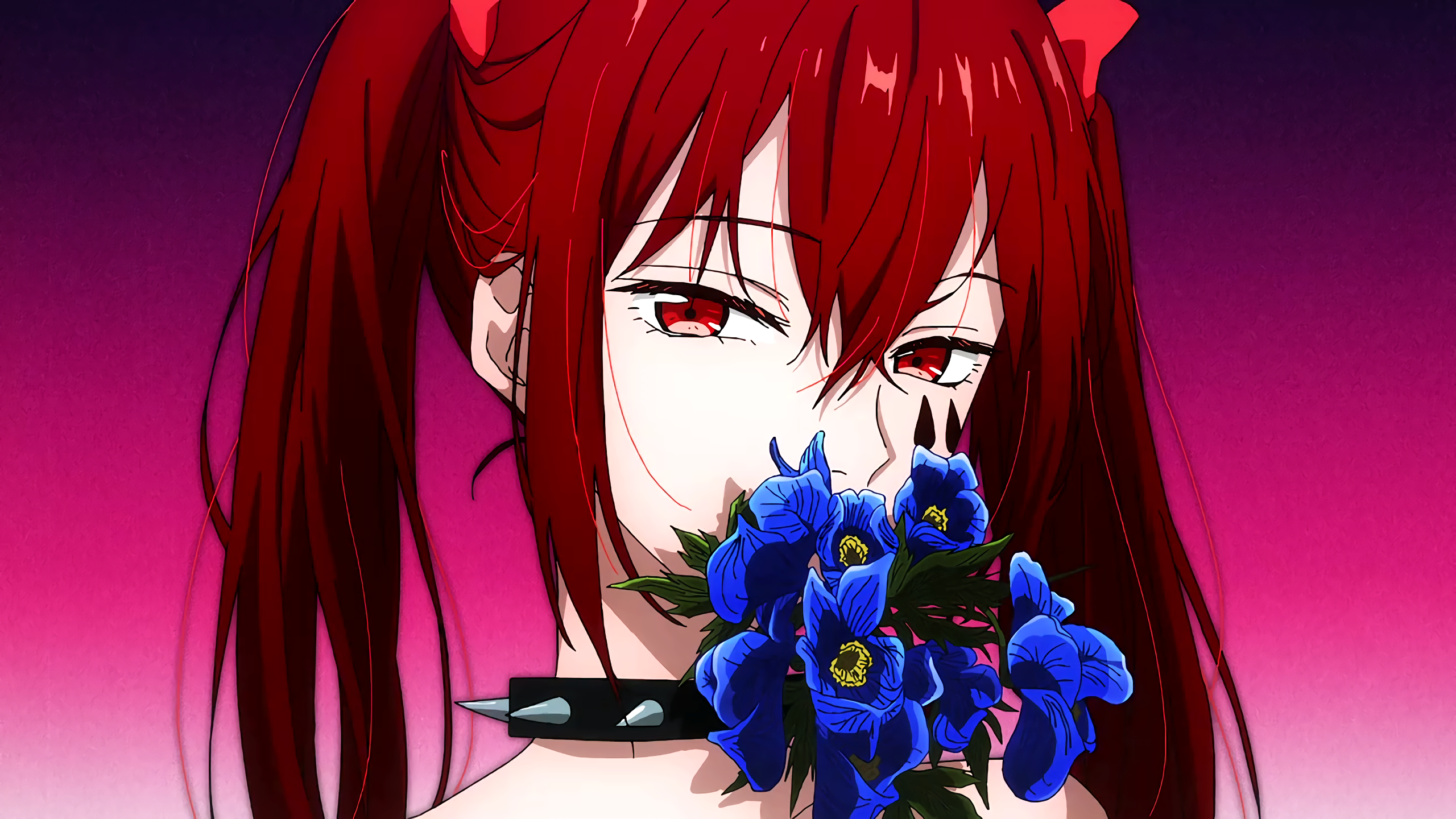 Mahou Shoujo Magical Destroyers Anime Girls Flowers Collar Looking At Viewer Twintails Long Hair Red 2560x1440