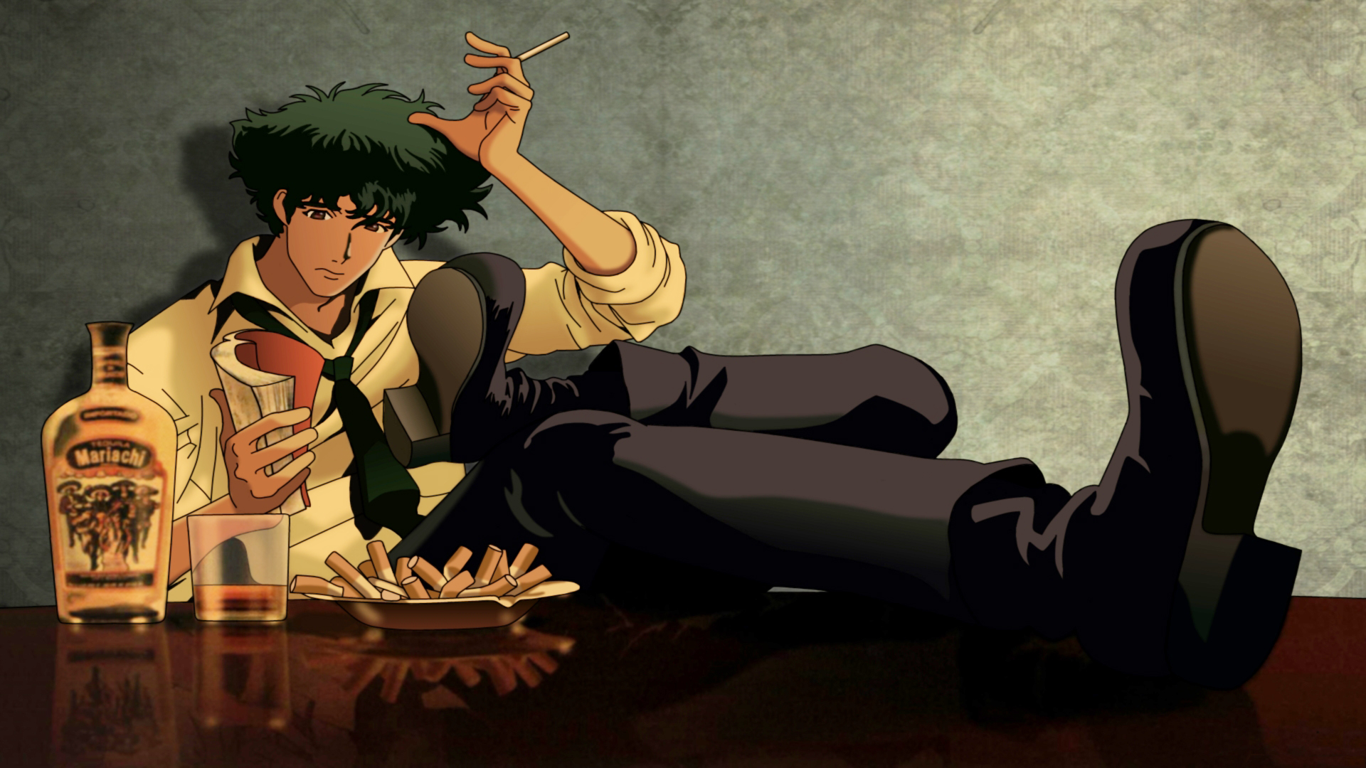 Cowboy Bebop Spike Spiegel Cigarettes Anime Boys Sitting Frown Alcohol Glass Tie Reflection 1920x1080