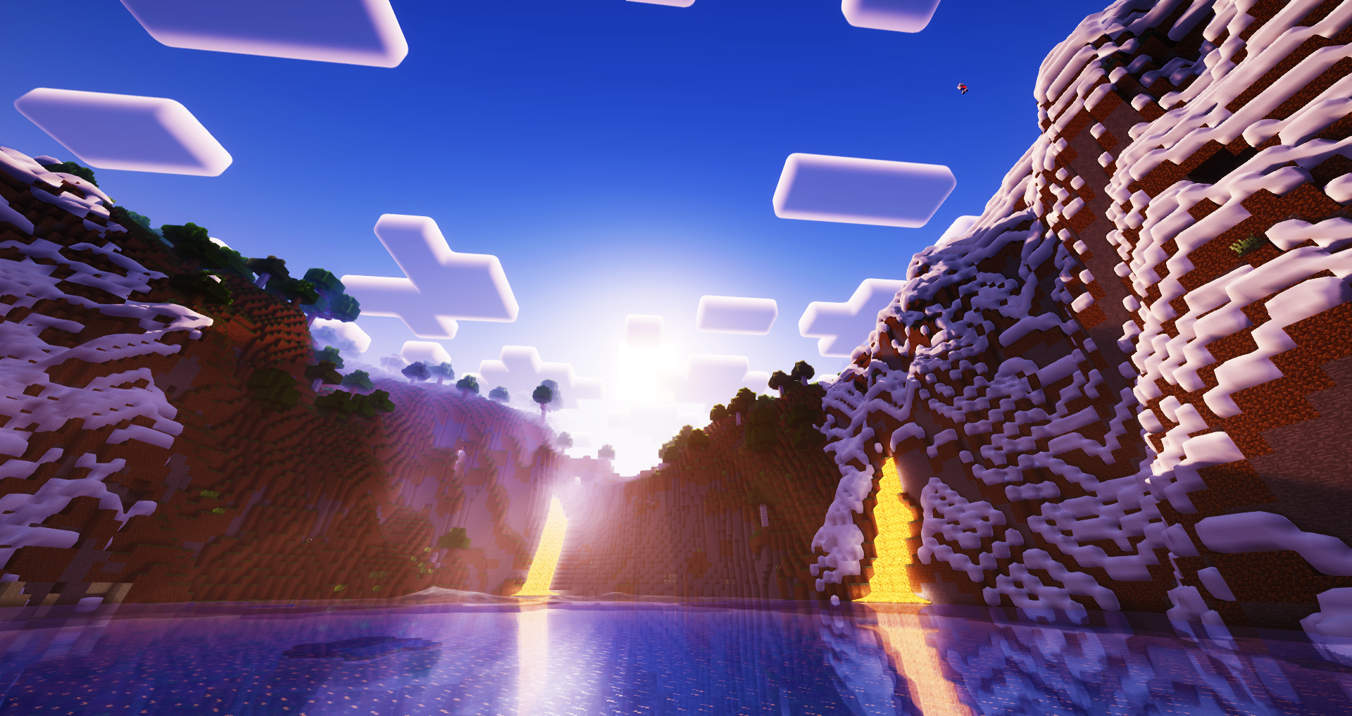 Minecraft Lava Water Sky Clouds Video Games Snow Trees Video Game Art Sunlight CGi Daylight 1920x1017