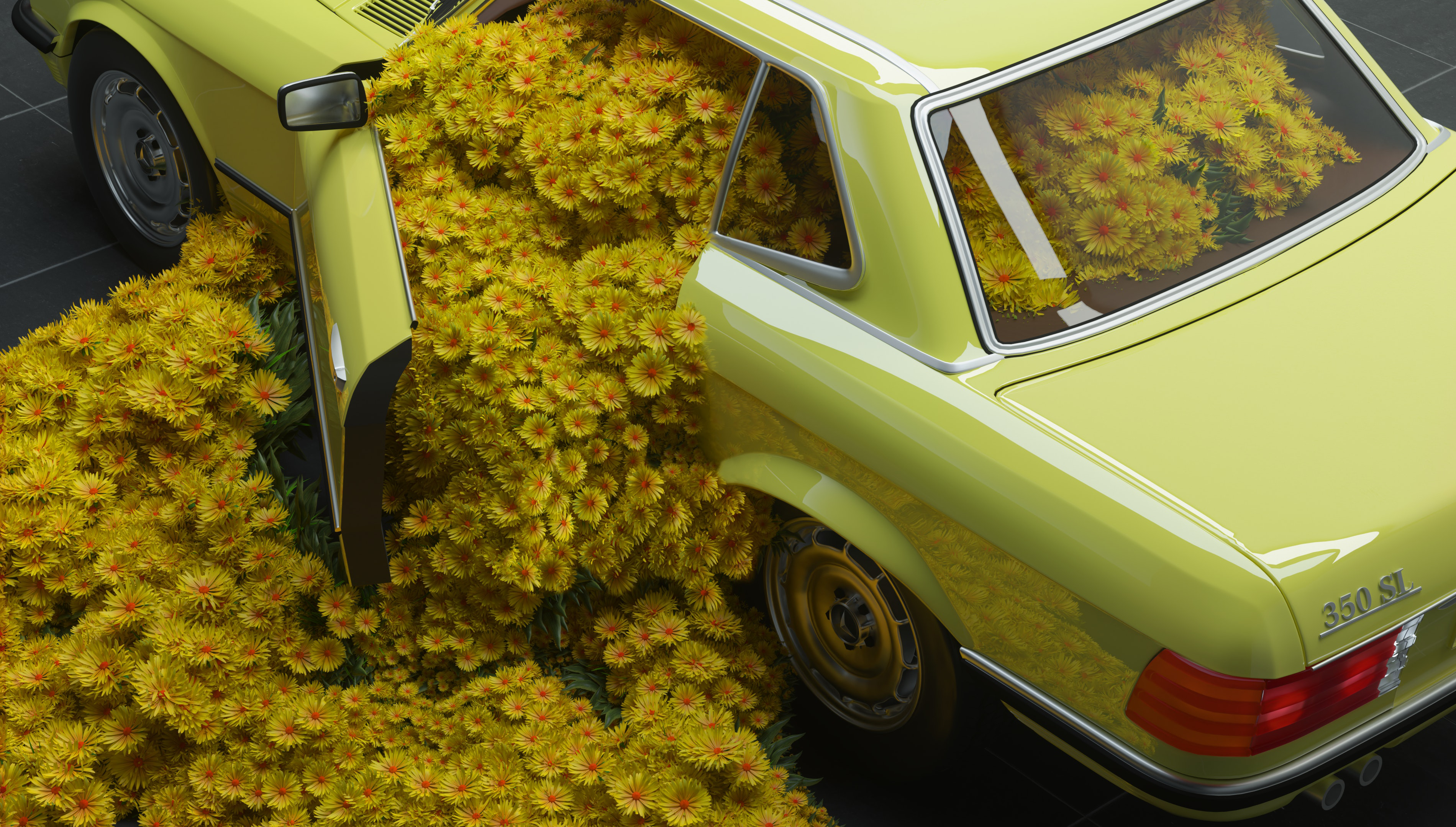Digital Art Digital Artwork Car Vehicle Flowers Plants Yellow Flowers Mercedes Benz Mercedes Benz 30 3800x2160