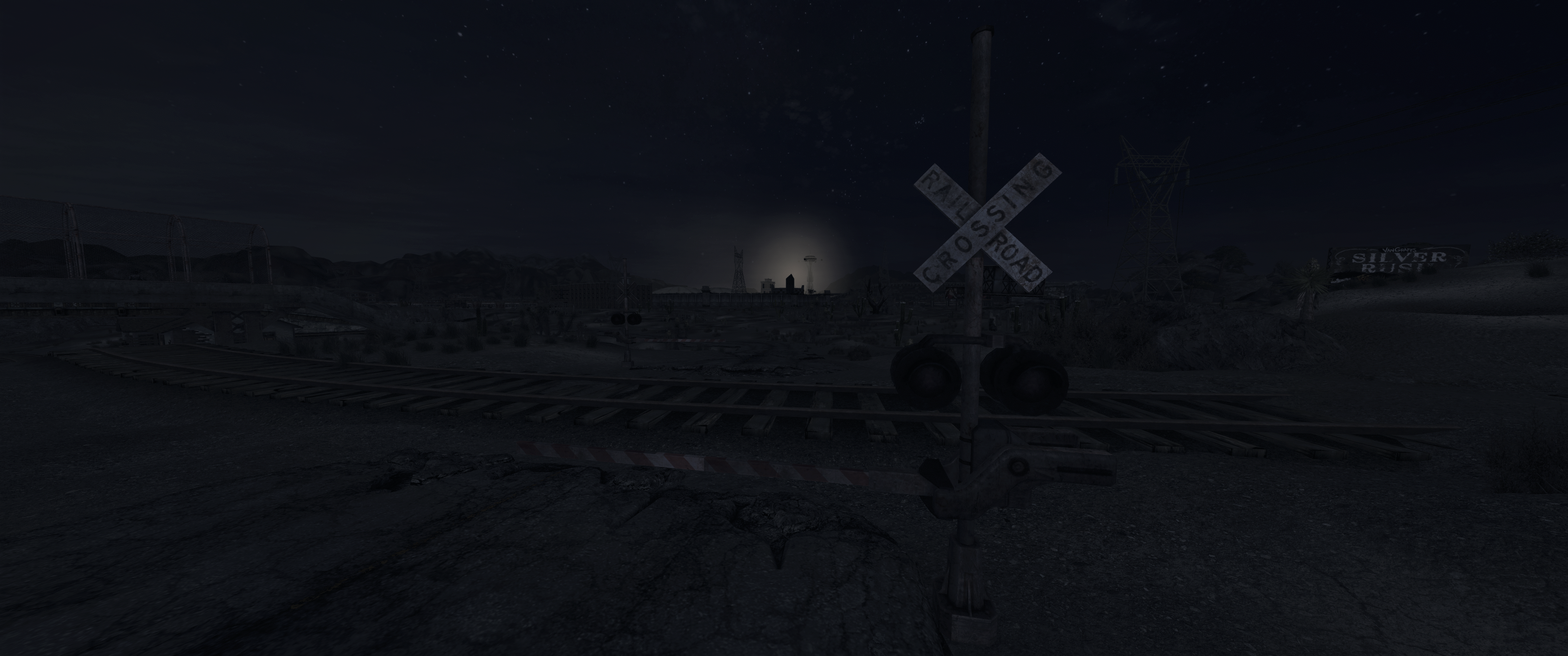 Fallout New Vegas Night Railway Crossing Nevada Video Games Sign 3440x1440