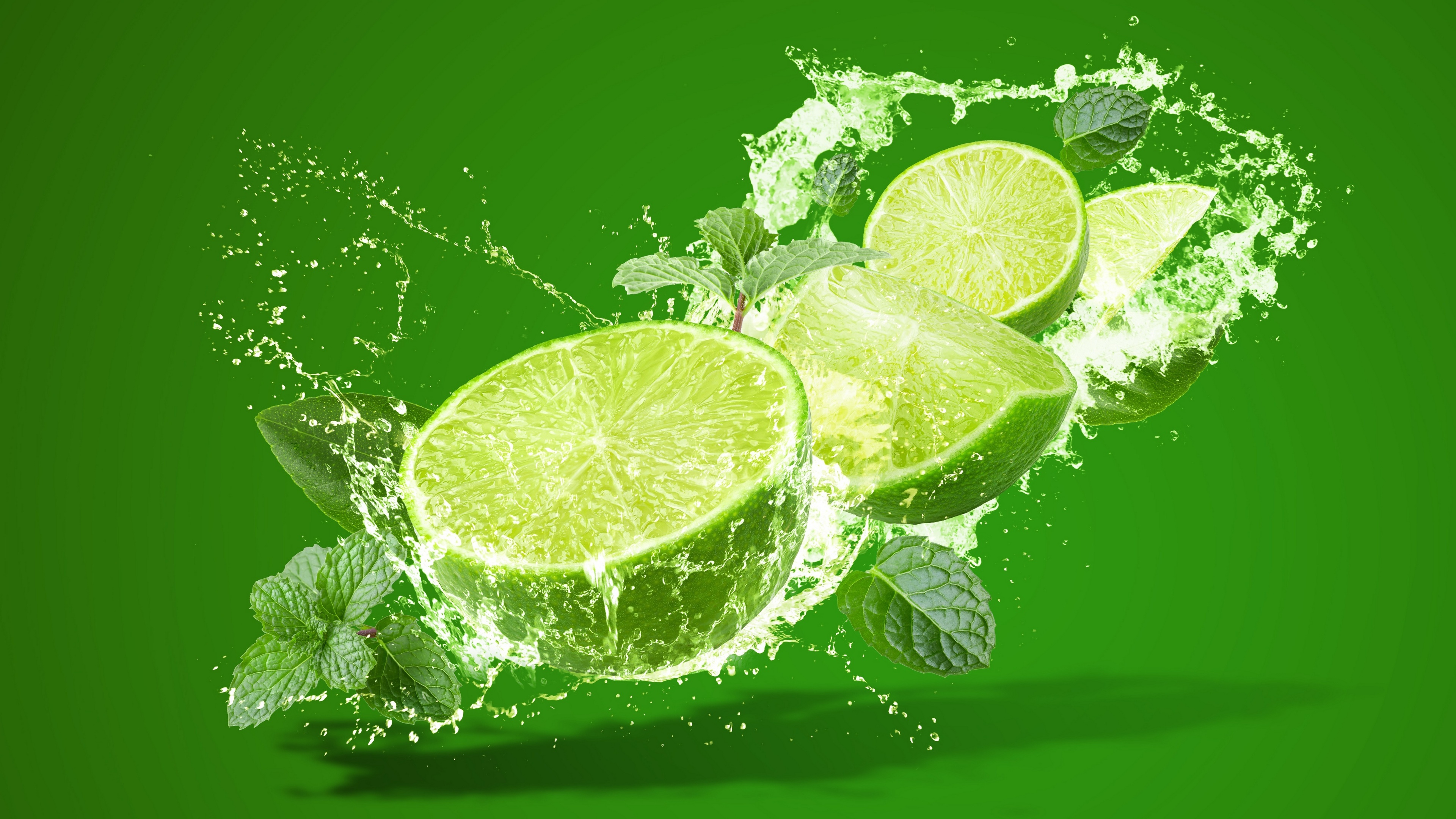 Lime Splashes Water Digital Art Fruit Minimalism Simple Background Green Background Leaves 3840x2160