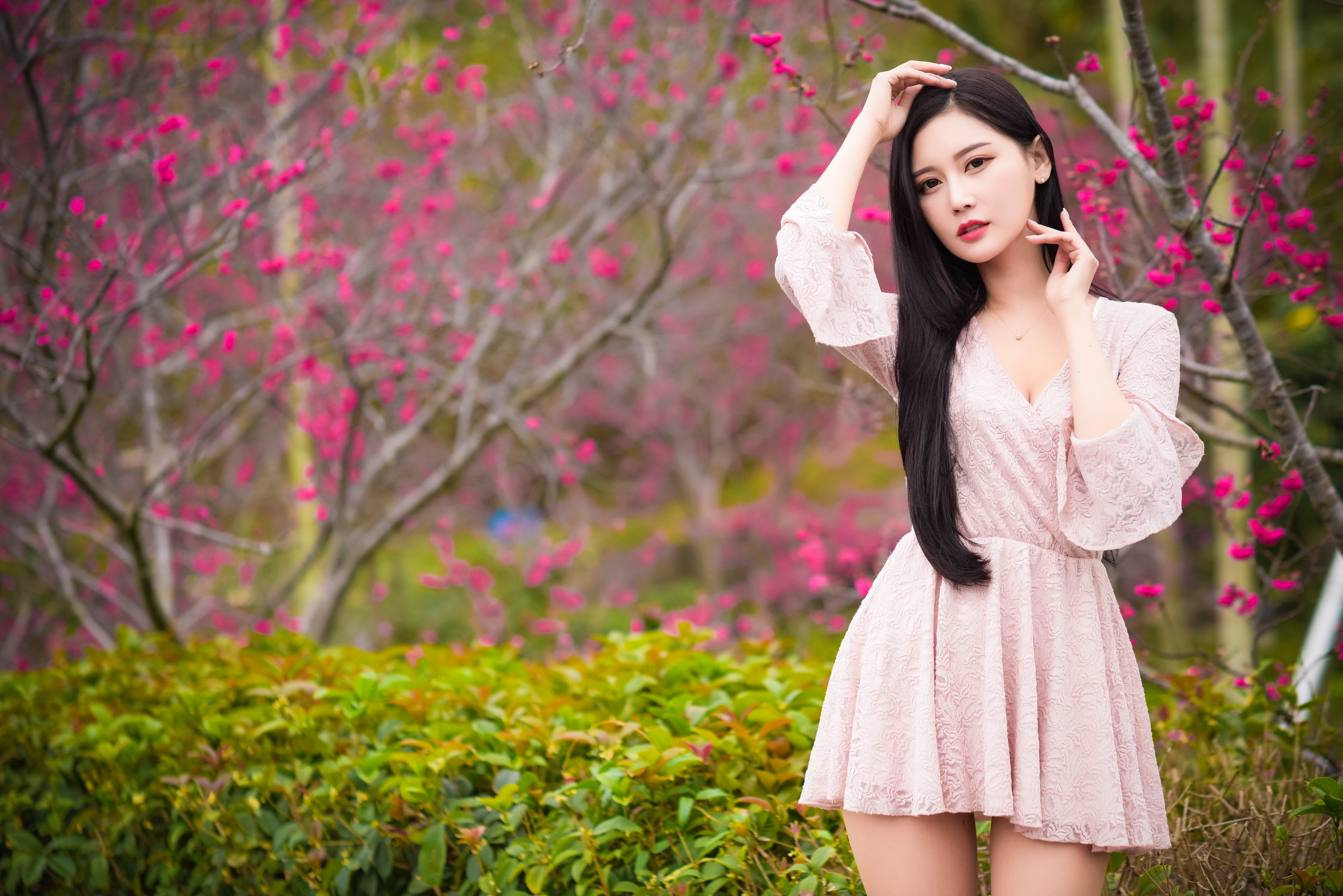 Asian Model Women Long Hair Dark Hair Bushes Trees Dress Depth Of Field Brunette Makeup Flowers Wome 3840x2563