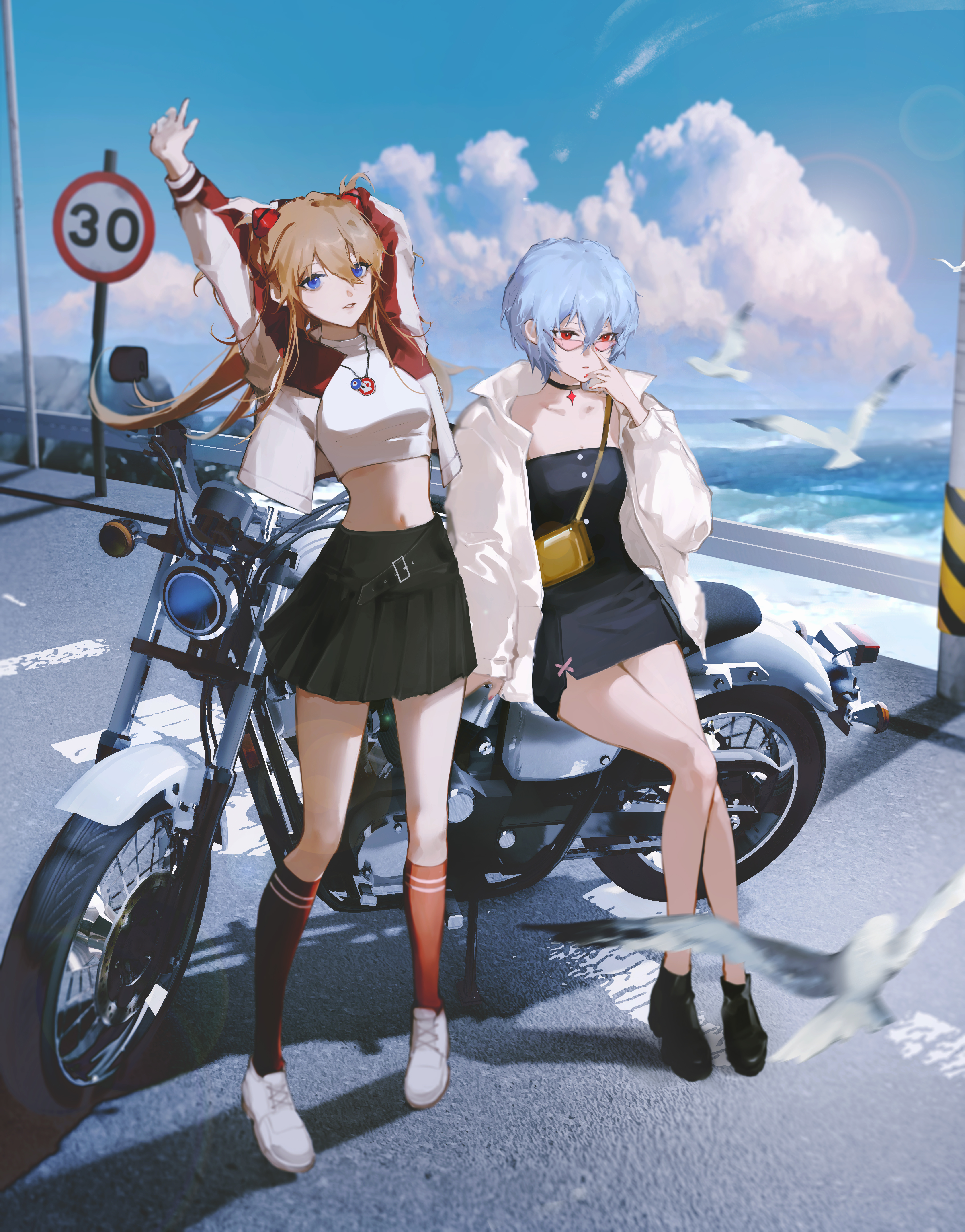 Anime Anime Girls Asuka Langley Soryu Water Ayanami Rei Motorcycle Portrait Display Clouds Birds Gla 4331x5528