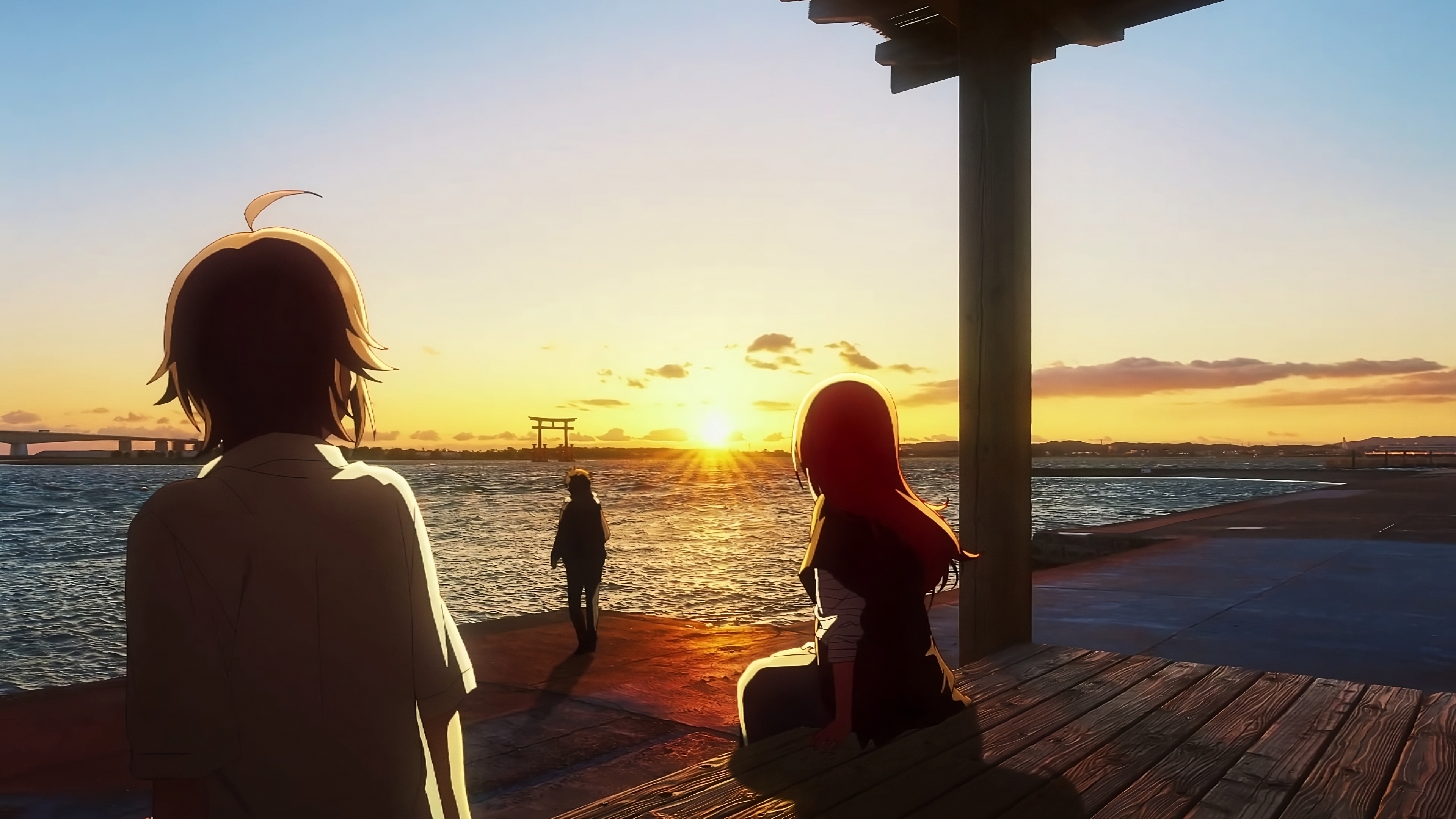 The Dreaming Boy Is A Realist Anime Anime Girls Anime Screenshot Water Sunset Sunset Glow Torii Stan 3840x2160