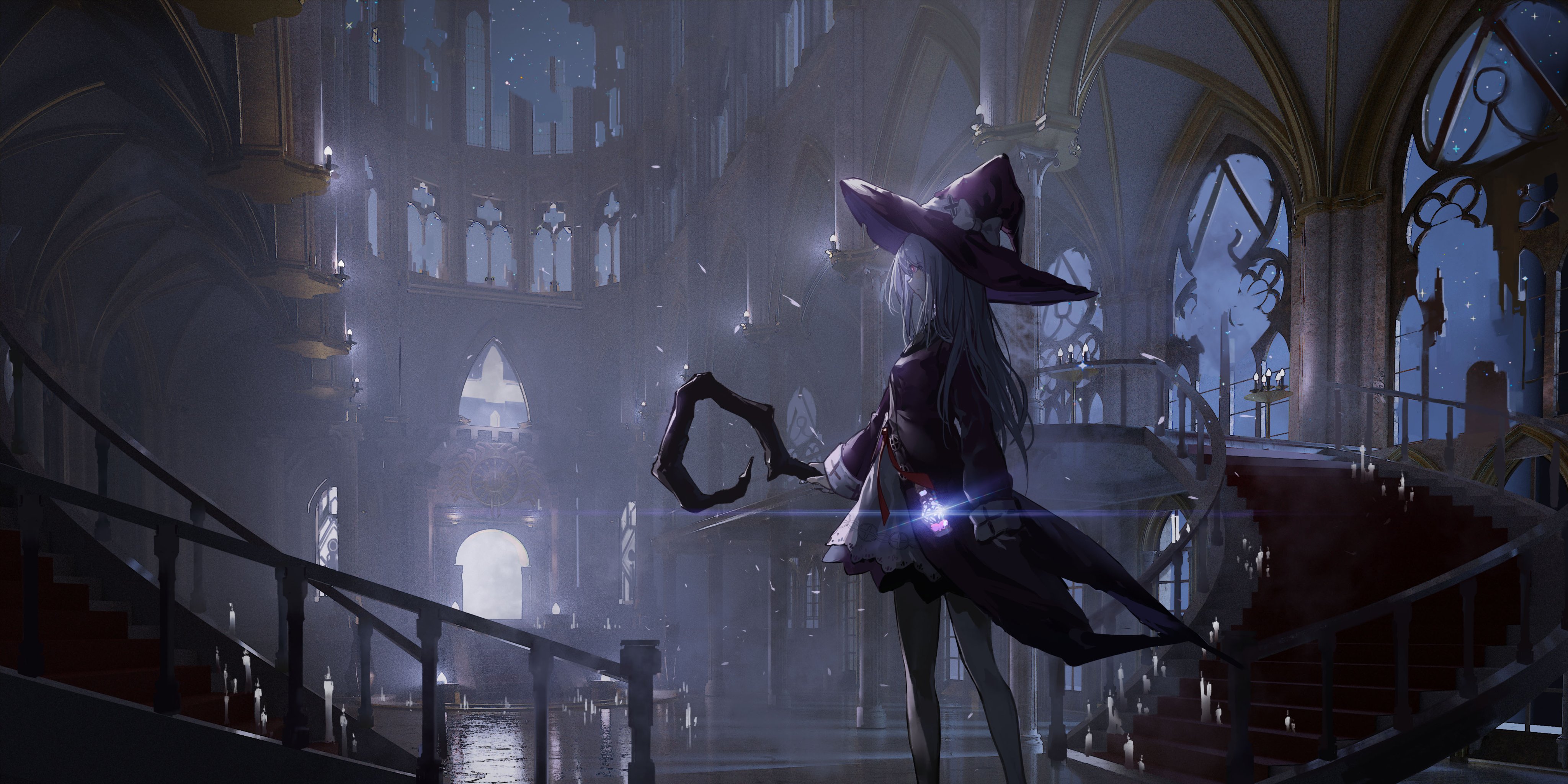 Mages Wands Witch Hat Anime Girls Witch Stairs Interior Candles Long Hair 4096x2048