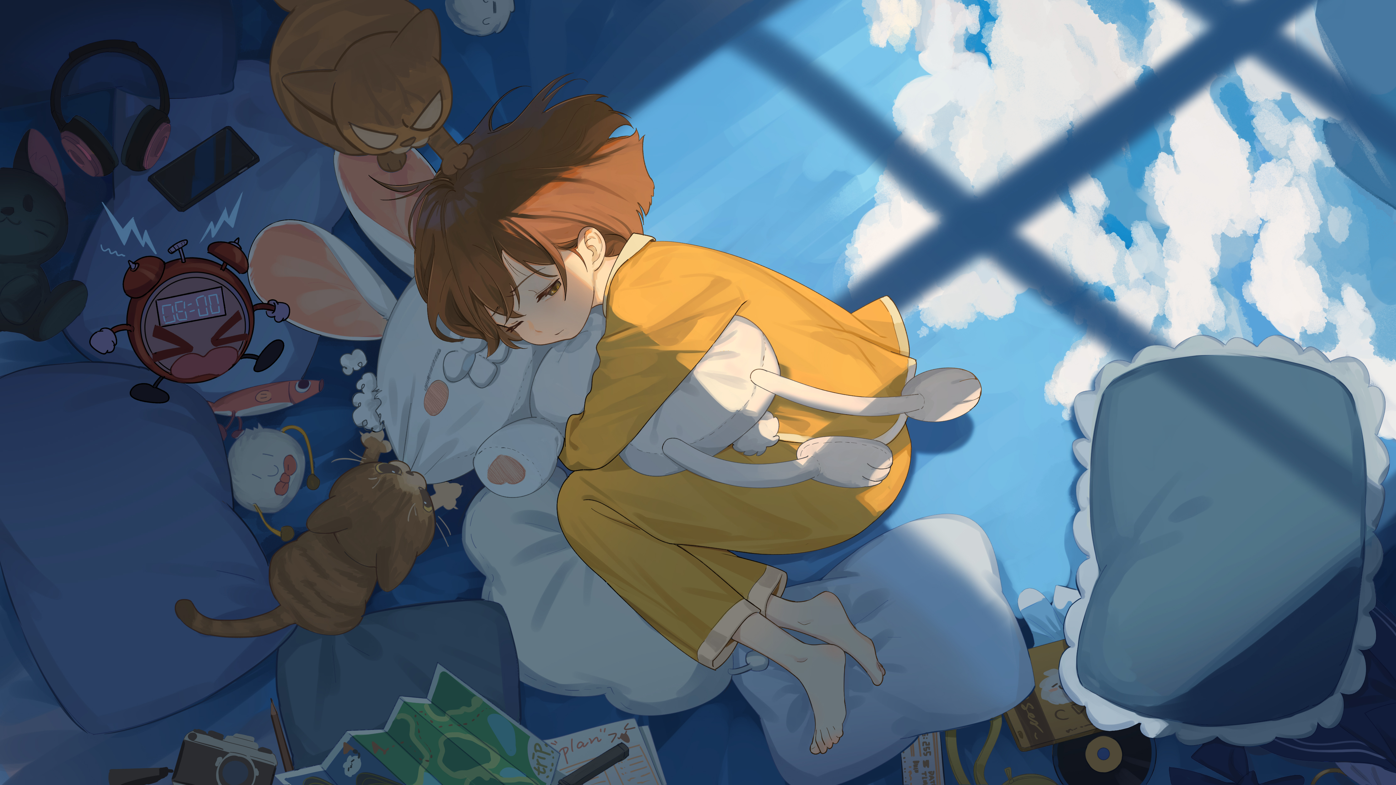 Hanser Anime Girls Anime Sleeping Cats Closed Eyes Lying On Side Feet Pillow Pyjamas Camera Clocks A 4445x2500