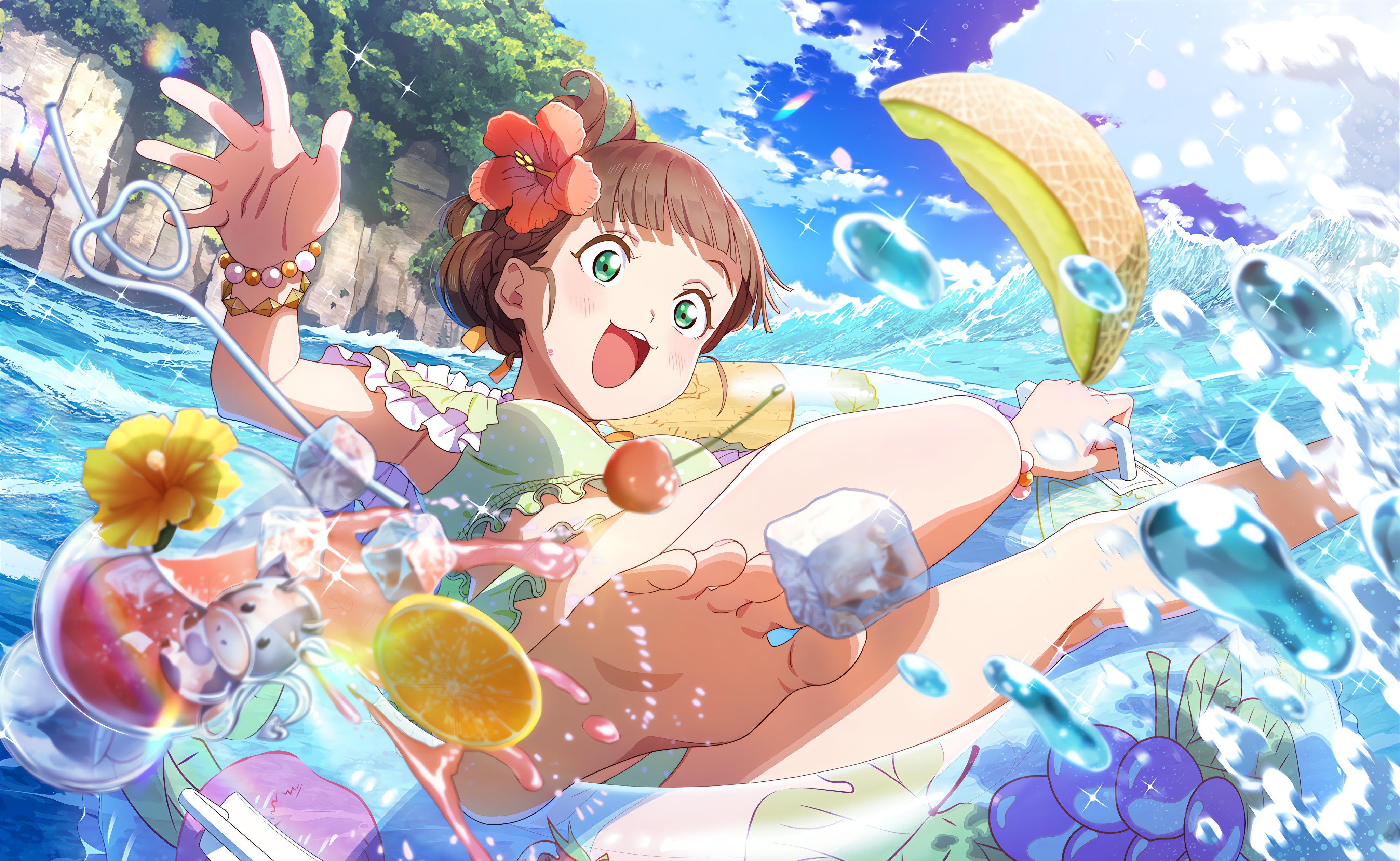 Love Live Love Live Super Star School Idol Anime Anime Girls Fruit Drink Water Stars Clouds Sky Feet 4096x2520