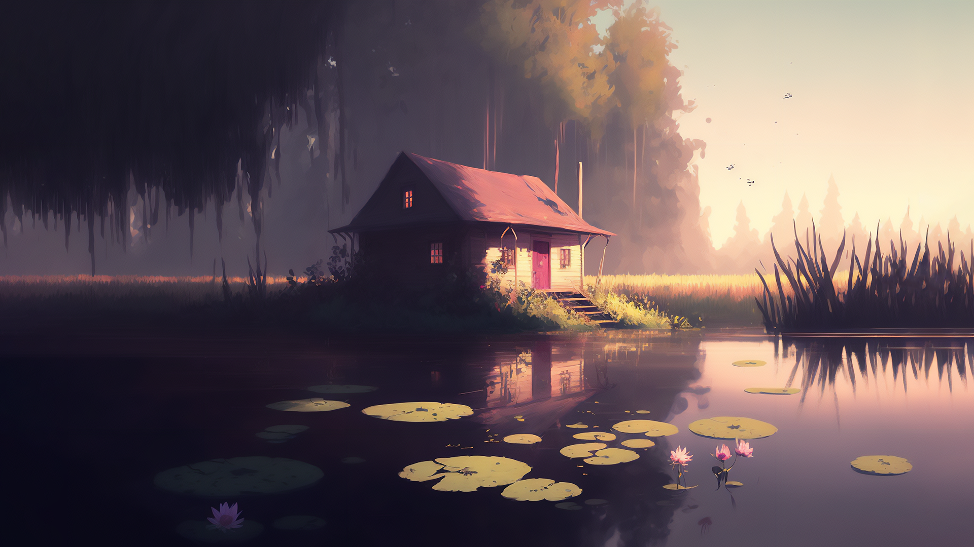 Ai Art Cottage Lily Pads Swamp Nature Water 1920x1080