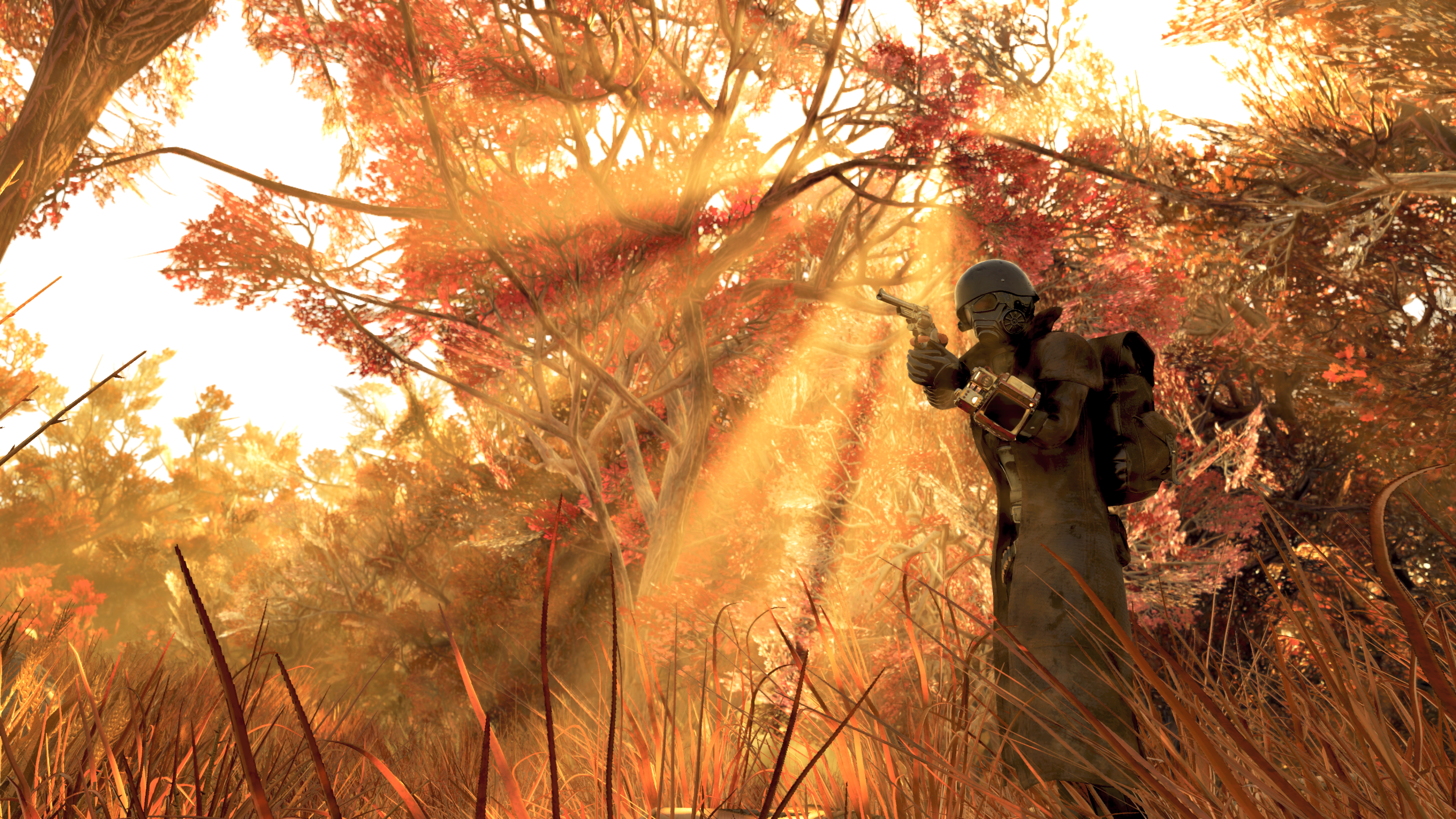 Fallout Fallout 76 Forest Apocalyptic Video Games Gun CGi Video Game Art Sunlight Trees Helmet Backp 3840x2160