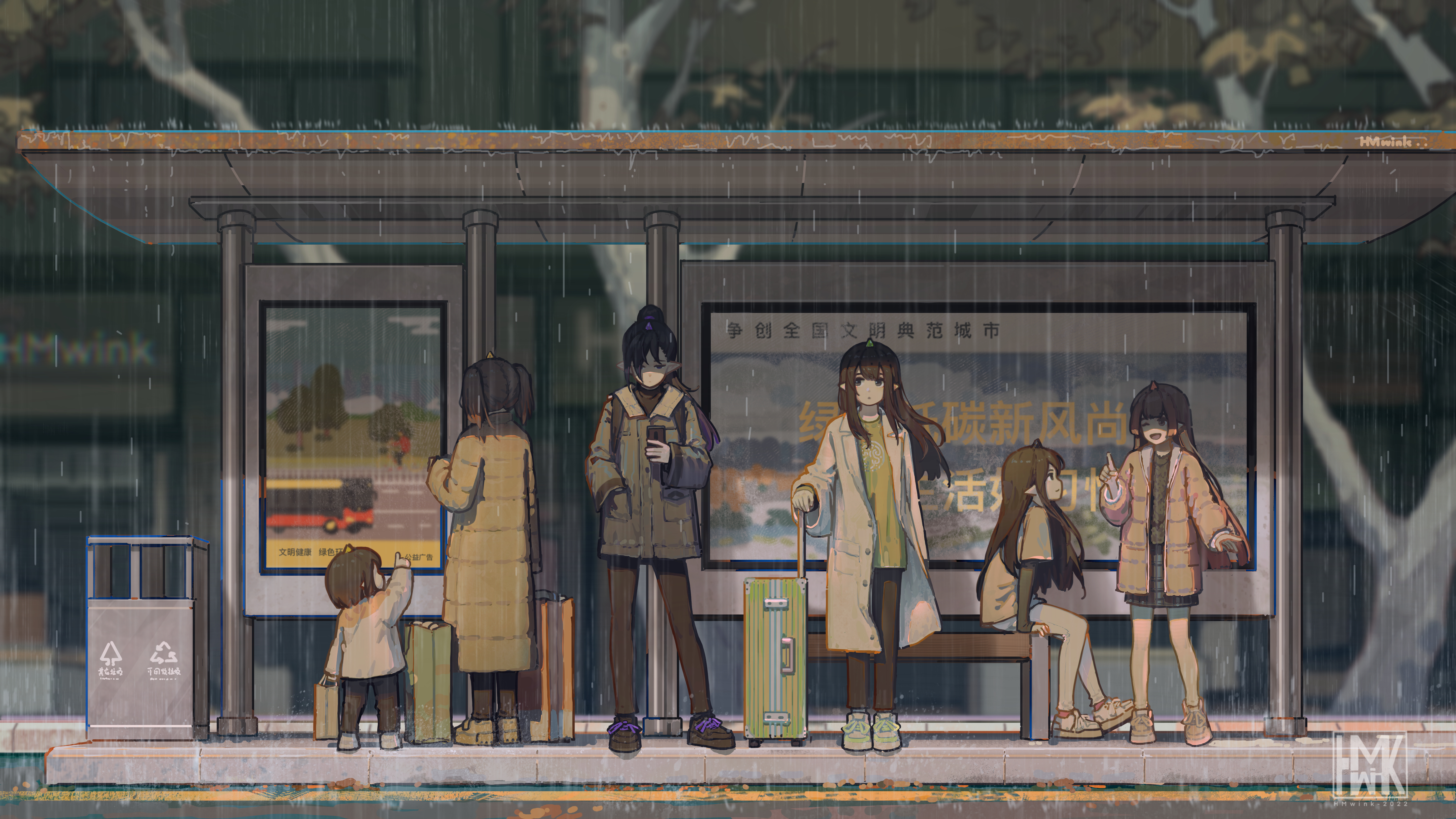 Anime Girls Artwork Original Characters Coats Bus Stop Rain Pointy Ears Digital Art Brief Case 4661x2622