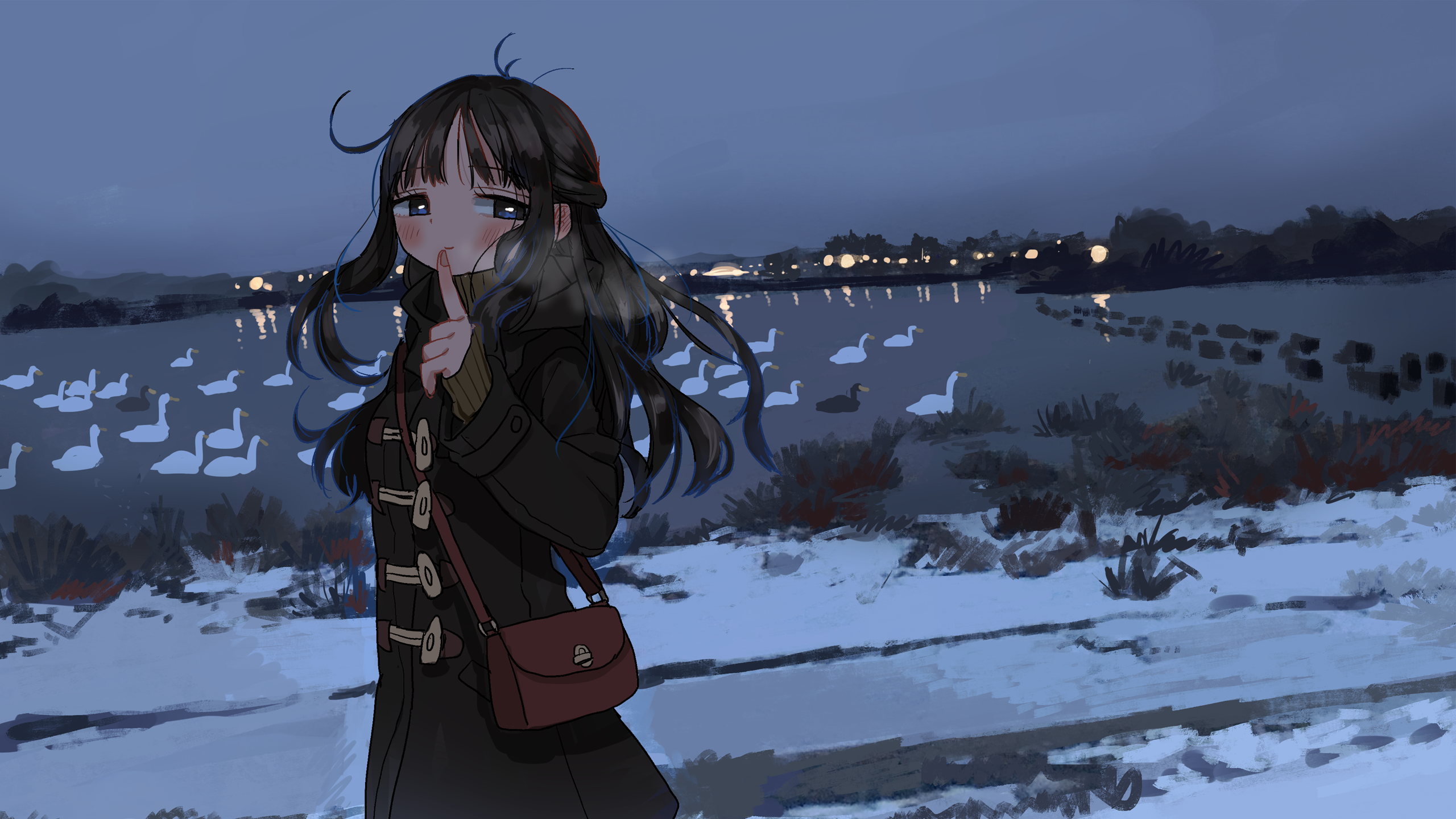 Anime Girls Anime Artwork Snow Blush Goose Evening Winter Zinbei Purse 2560x1440