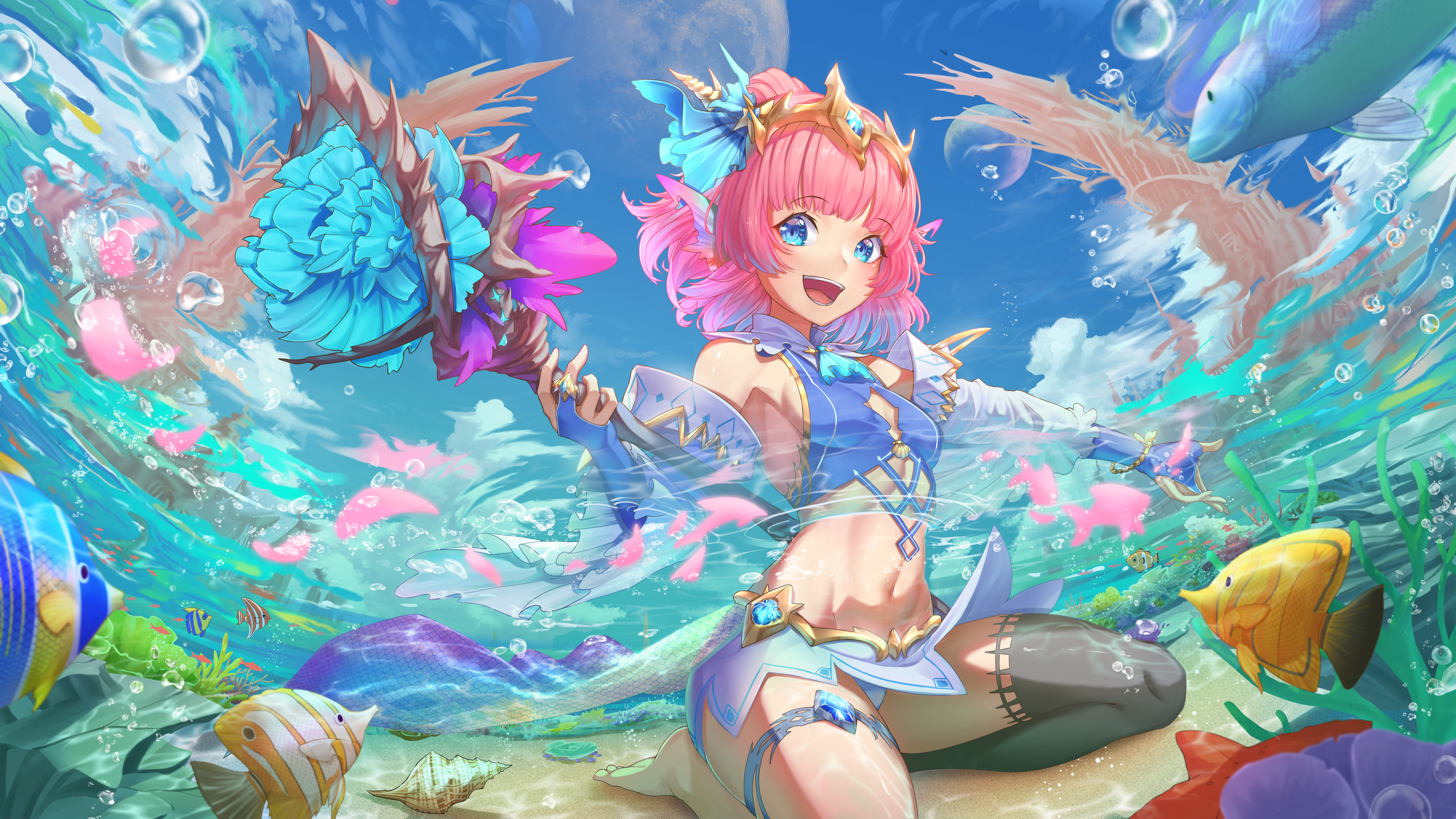 Anime Anime Girls Pink Hair Blue Eyes Bubbles Water Petals Fish Animals Looking At Viewer Underwater 5760x3240