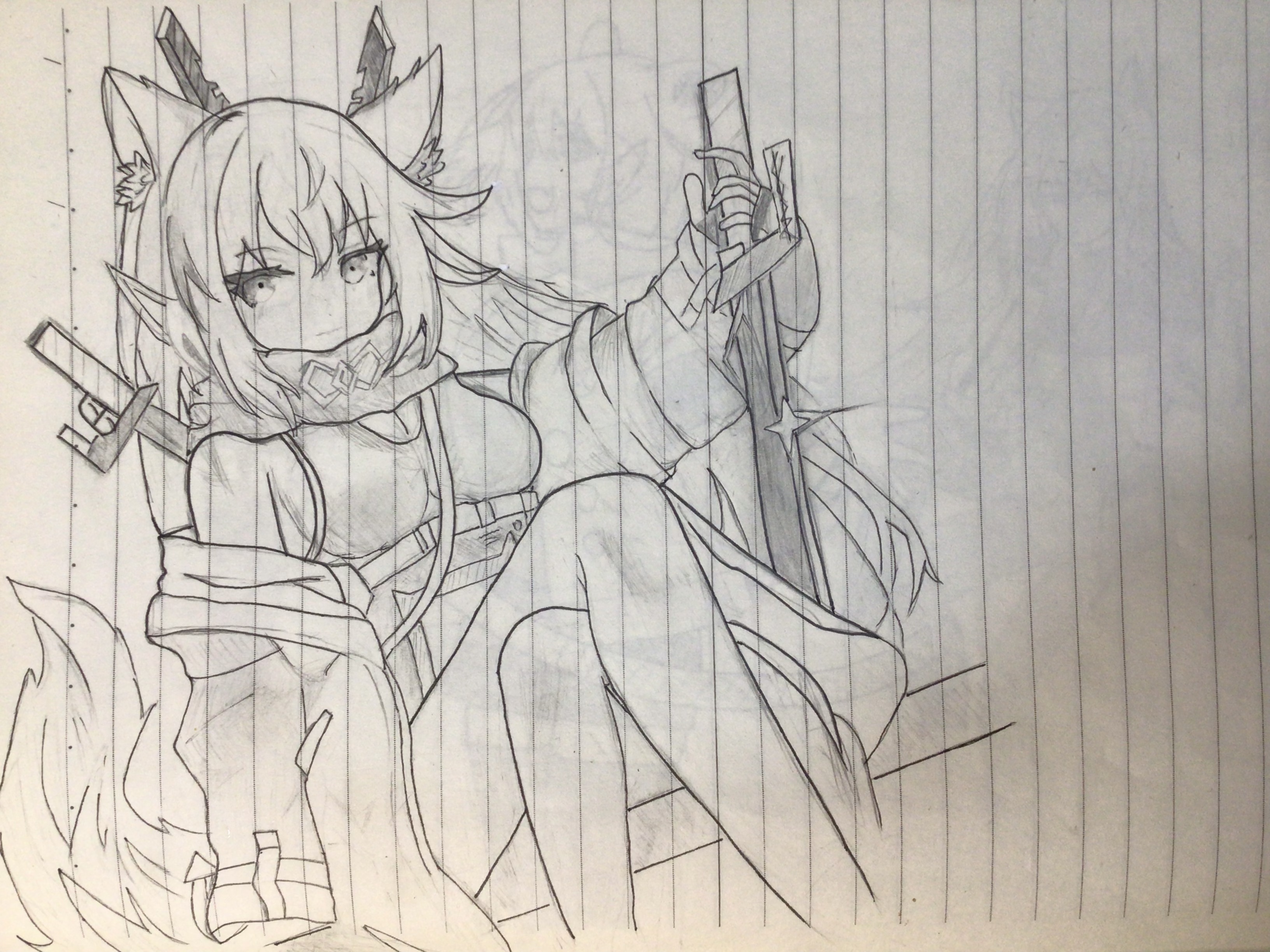 Anime Girls Cat Girl Drawing Pencil Drawing Tail Animal Ears Weapon 3264x2448